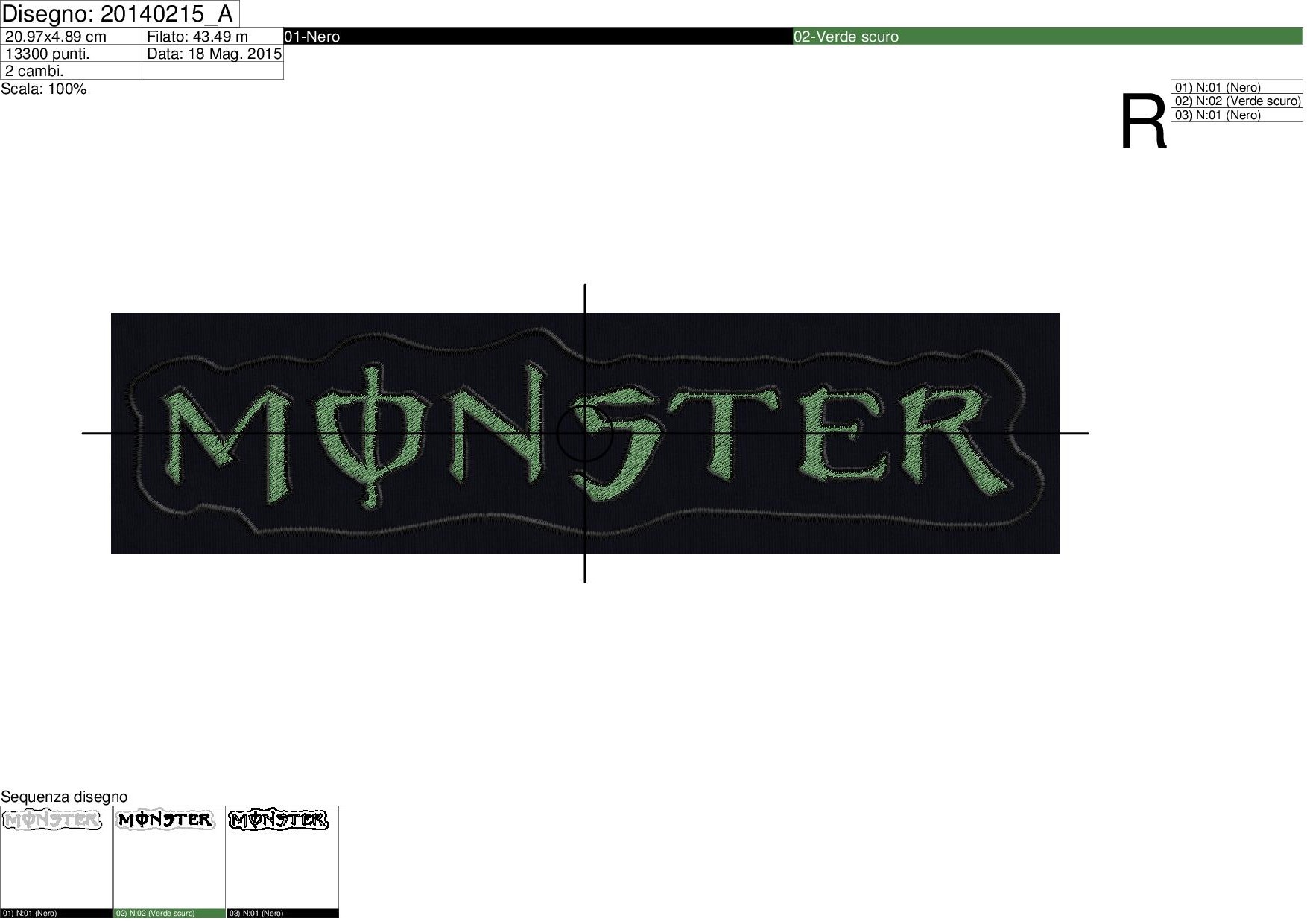 Foglio di lavorazione programma di ricamo Stemma Monster da 21 cm.
