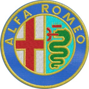 ricamo Logo ALFA ROMEO tondo diametro 7.5 cm. su fondo tessuto blu