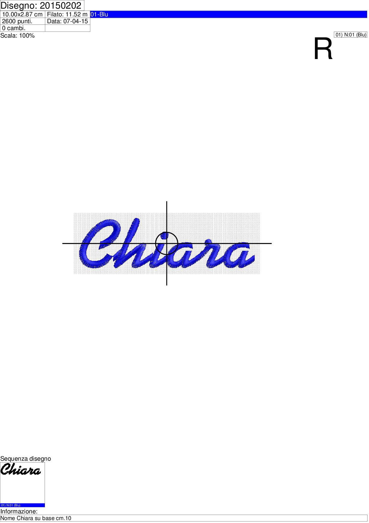 Foglio di lavorazione nome Chiara su base cm.10 programma di ricamo