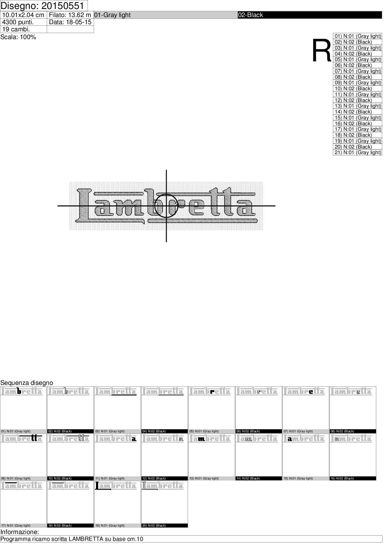 Foglio di lavorazione  ricamo scritta LAMBRETTA  cm.10