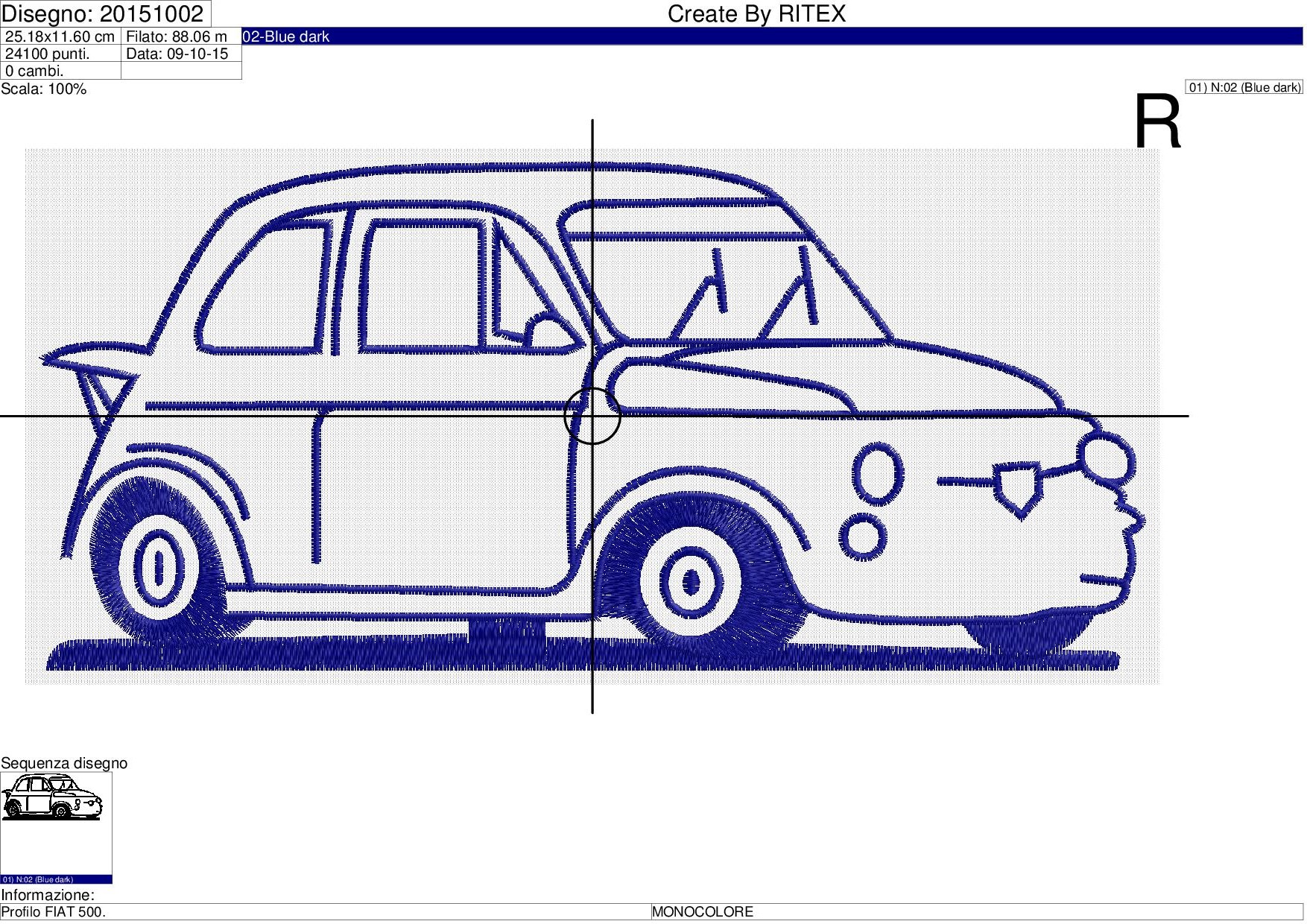 Foglio lavorazione ricamo profilo FIAT 500 su base cm.25