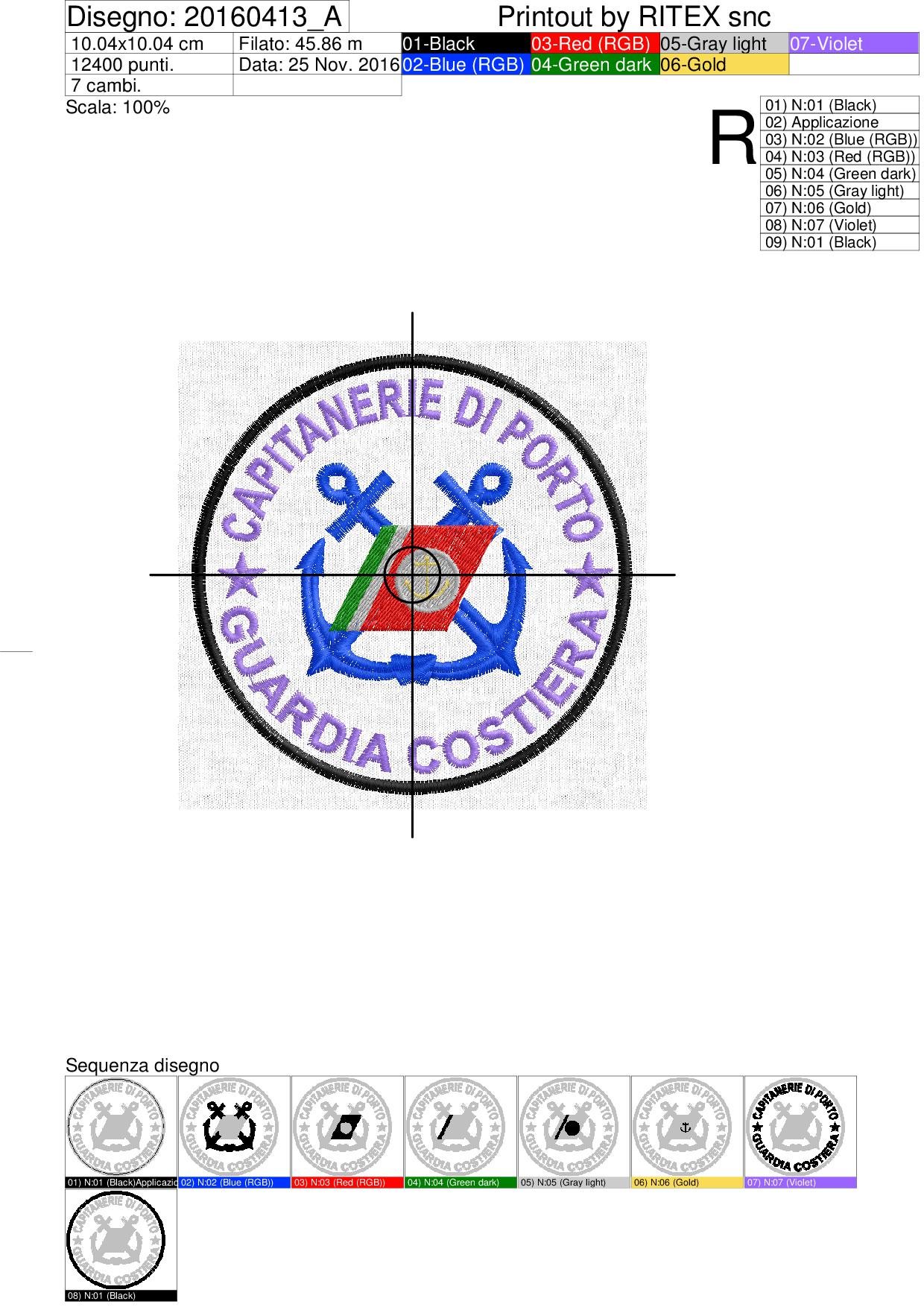 Foglio di lavorazione file ricamo CAPITANERIA DI PORTO diametro cm.10