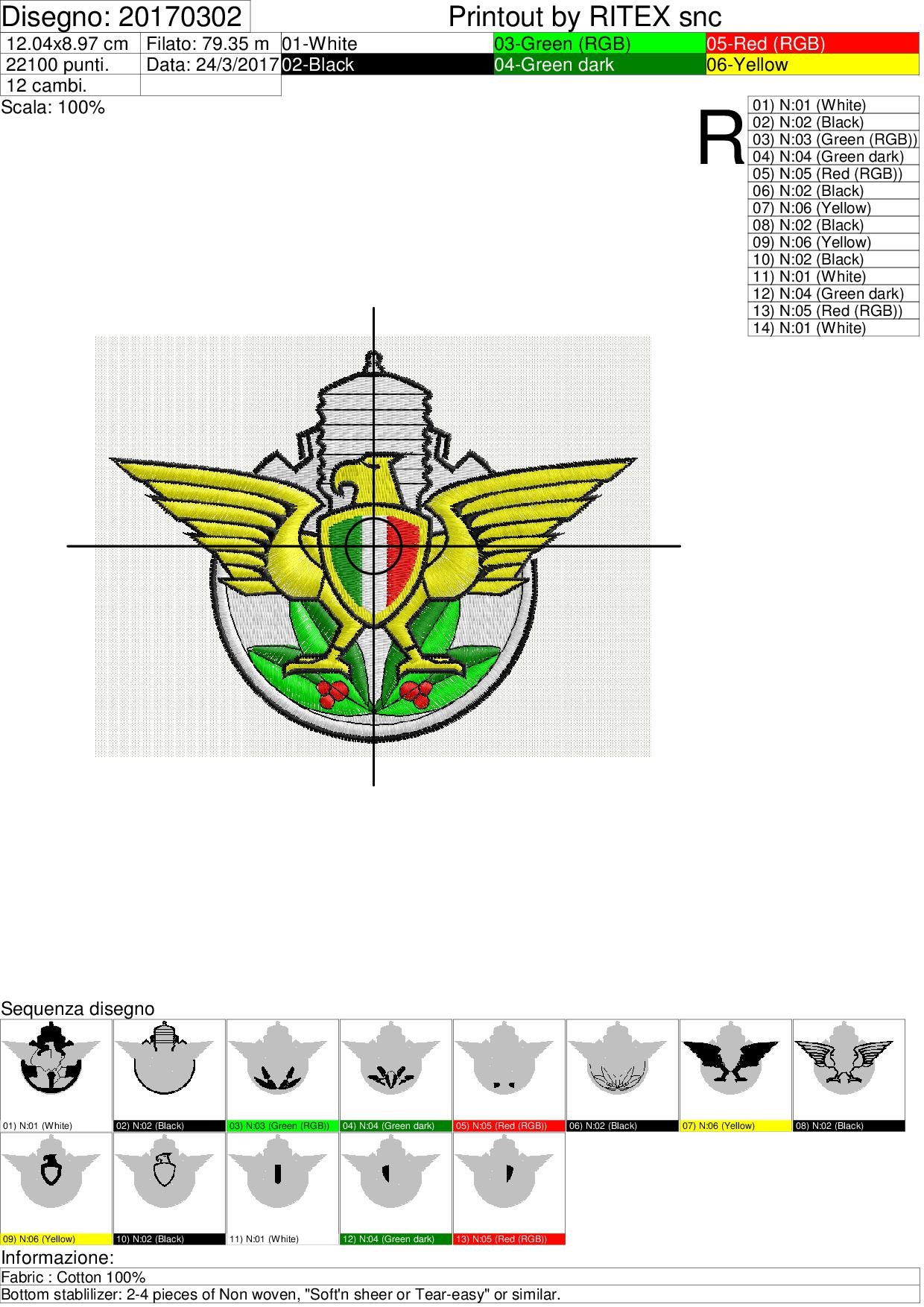 Sequenza lavorazione, colori e puntii ricamo Logo FMI su base cm.12