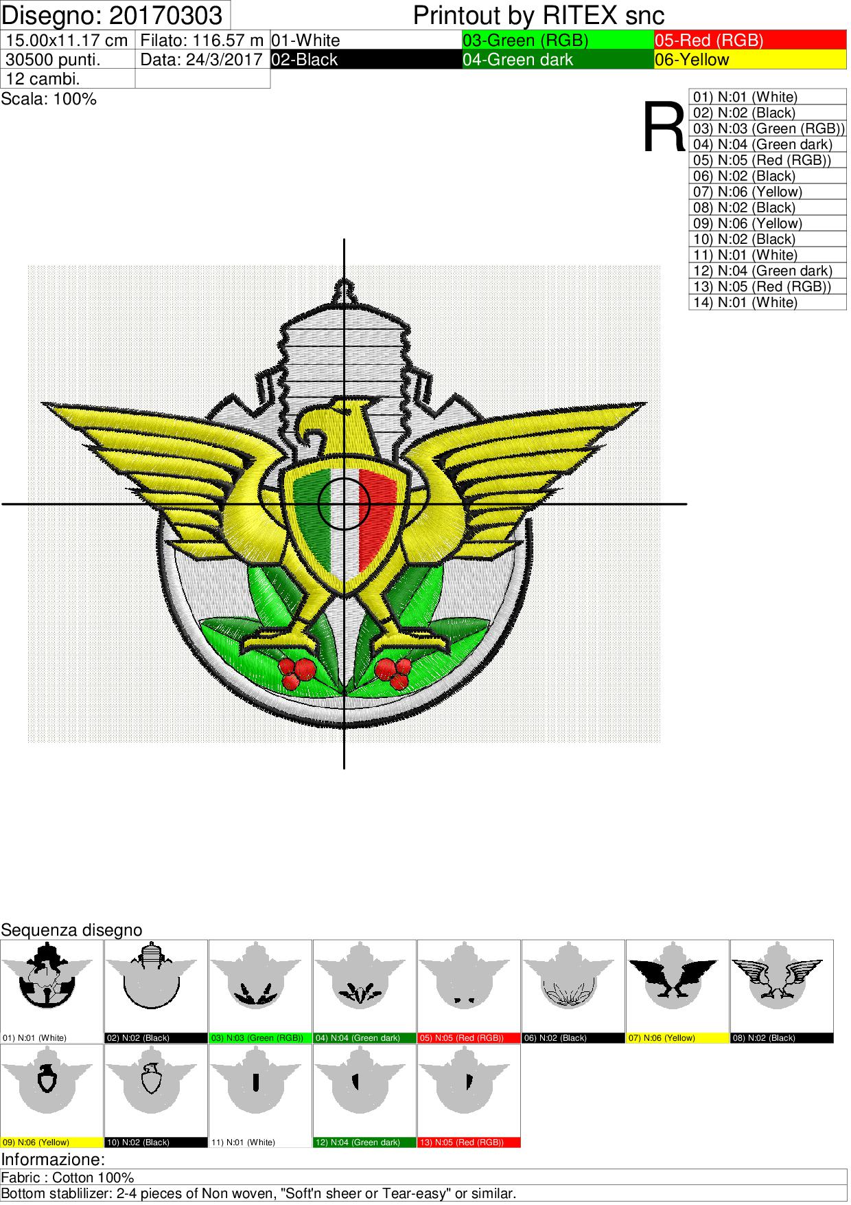 SEQUENZA COLORI, LAVORAZIONE E NR. PUNTI Programma di ricamo Logo FMI su base cm.15