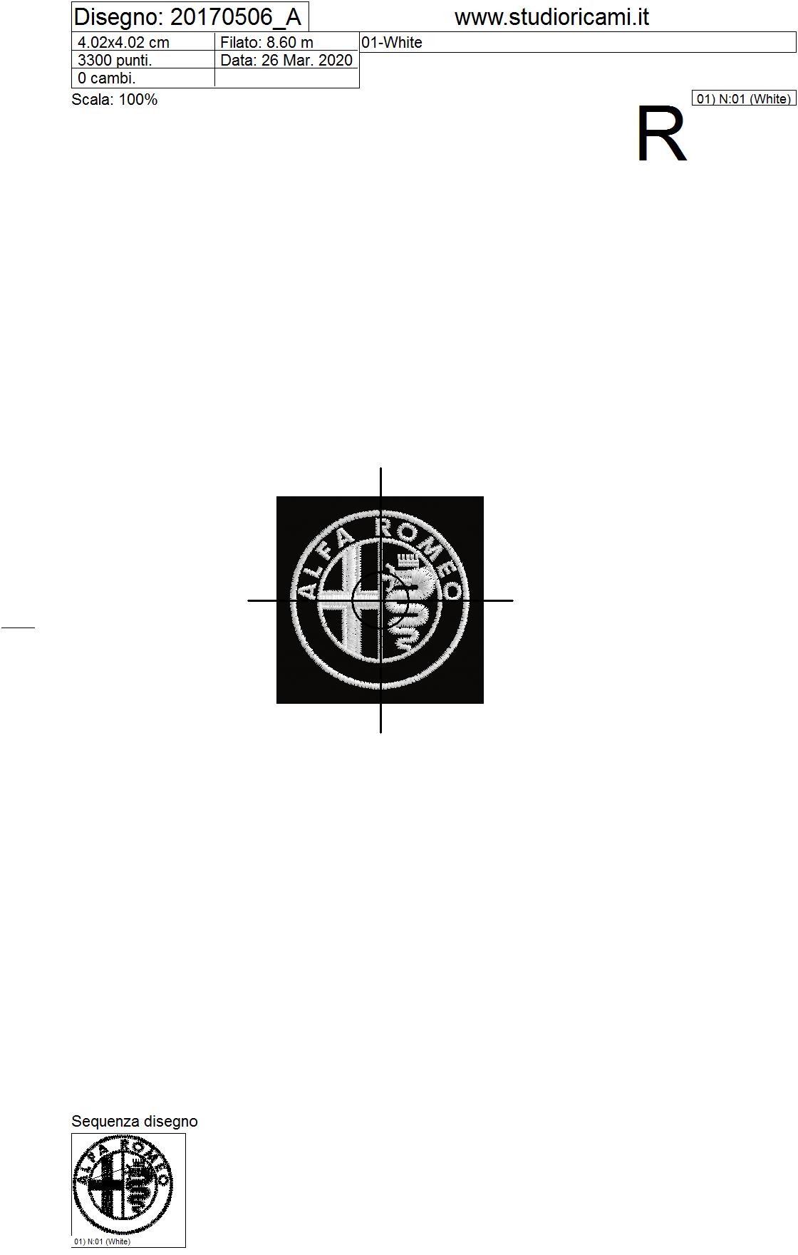 Foglio di lavorazione ricamo logo monocolore ALFAROMEO diametro cm.4