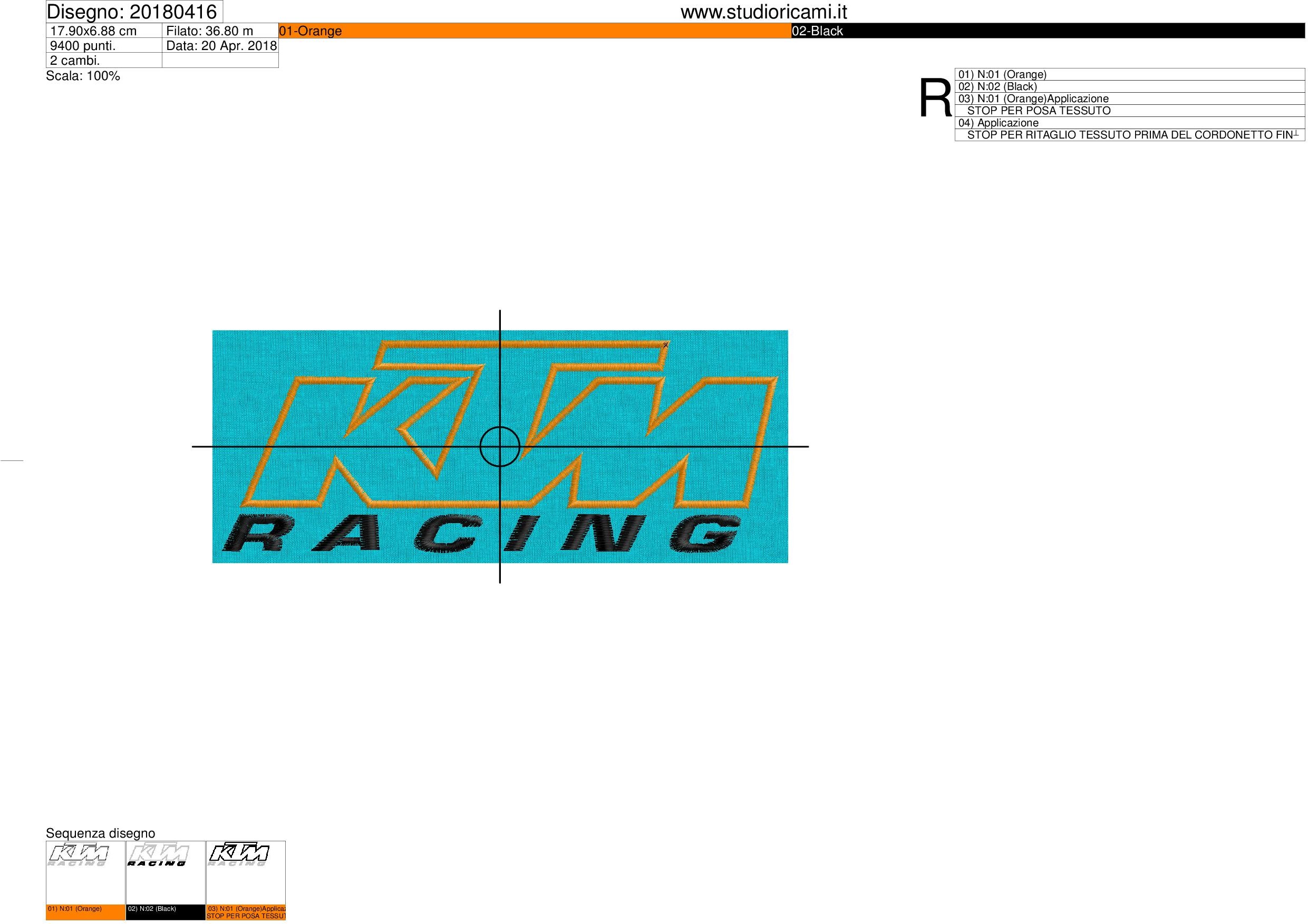 Sequenza di lavorazione ricamo scritta KTM RACING applic. su base cm. 18
