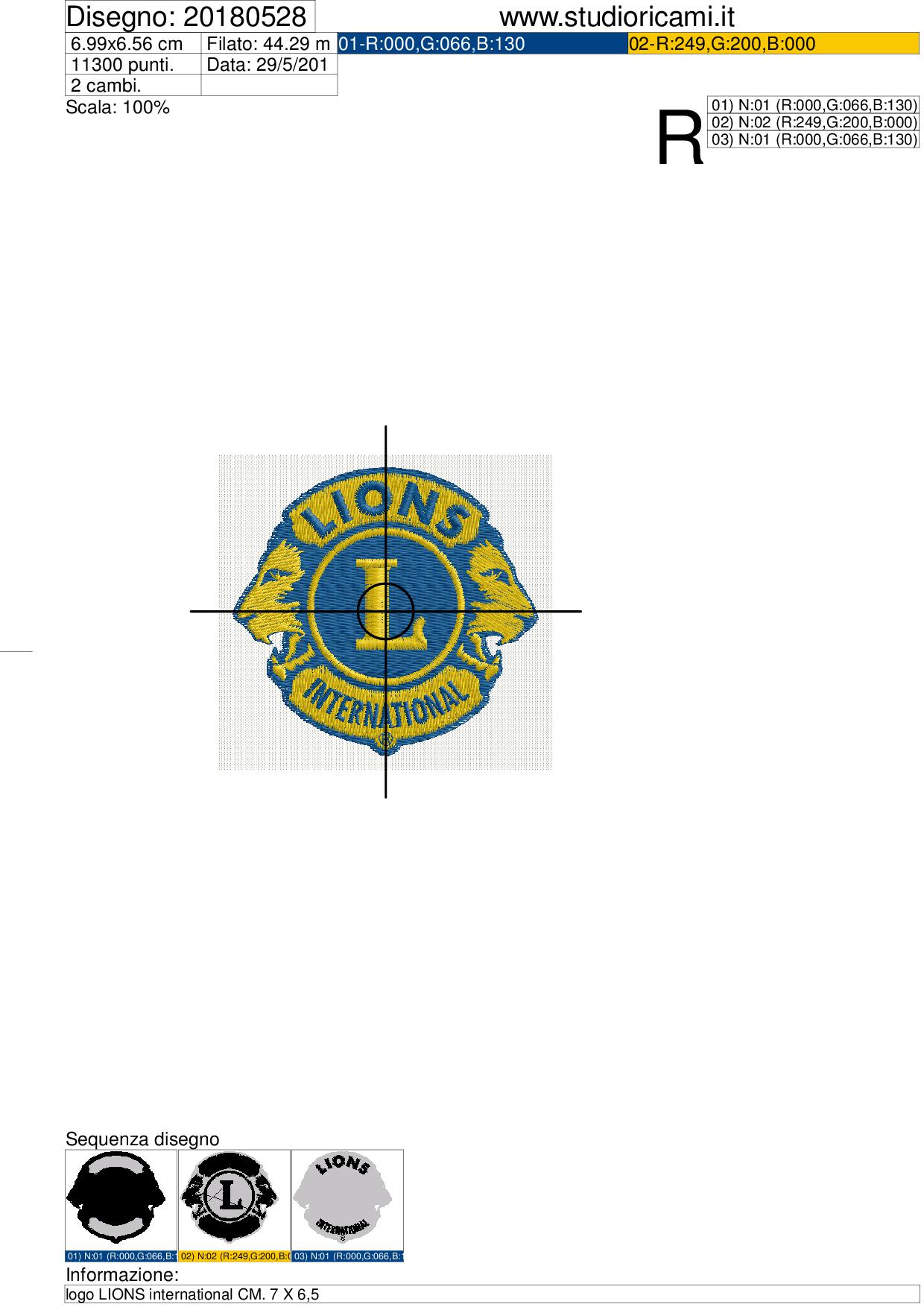 Sequenza di lavorazione ricamo LOGO LIONS international cm. 7 x 6,5