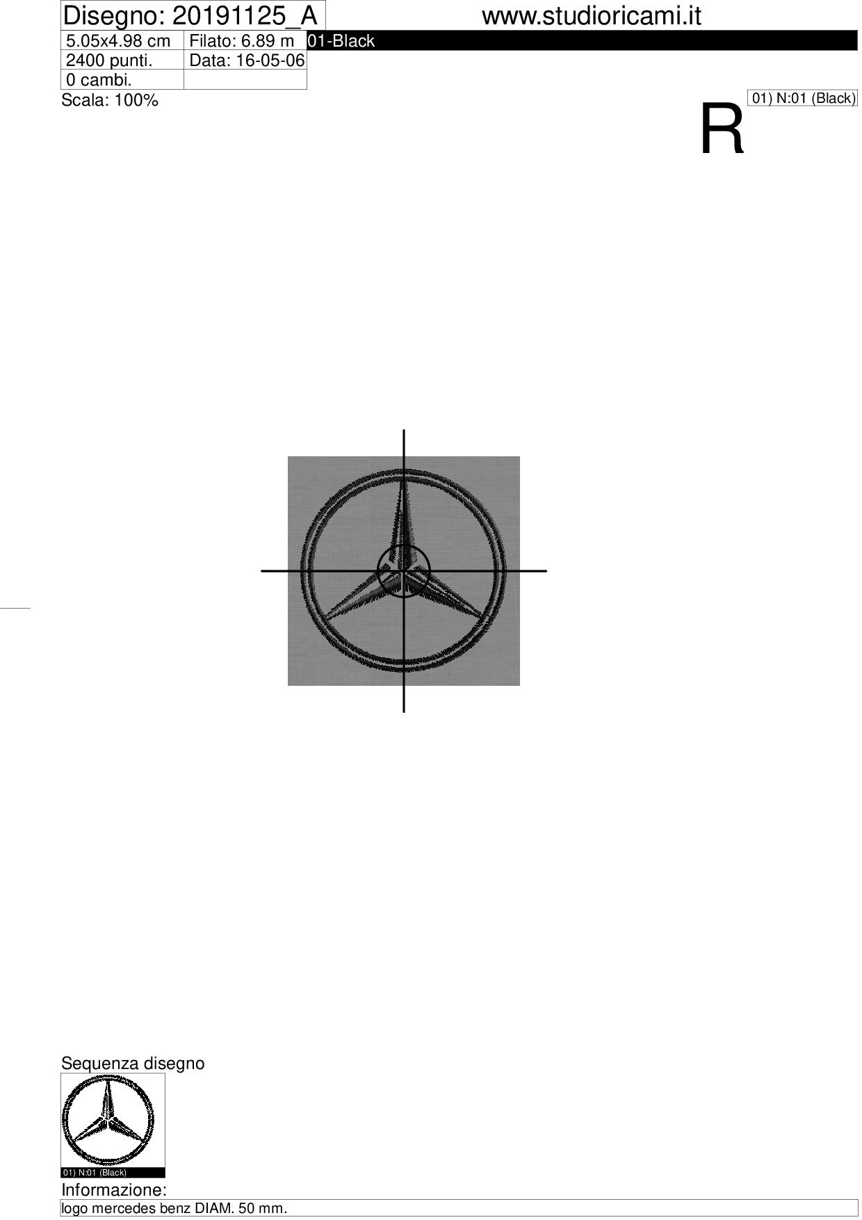 Foglio di lavorazione ricamo logo mercedes benz DIAM. 50 mm.