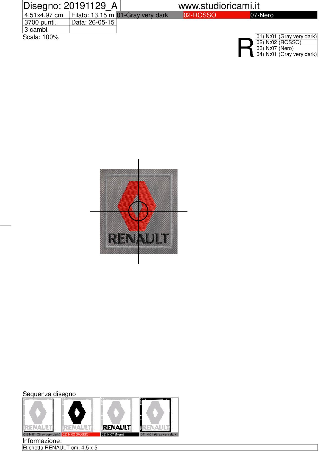 Foglio di lavorazione ricamo Etichetta RENAULT cm. 4,5 x 5