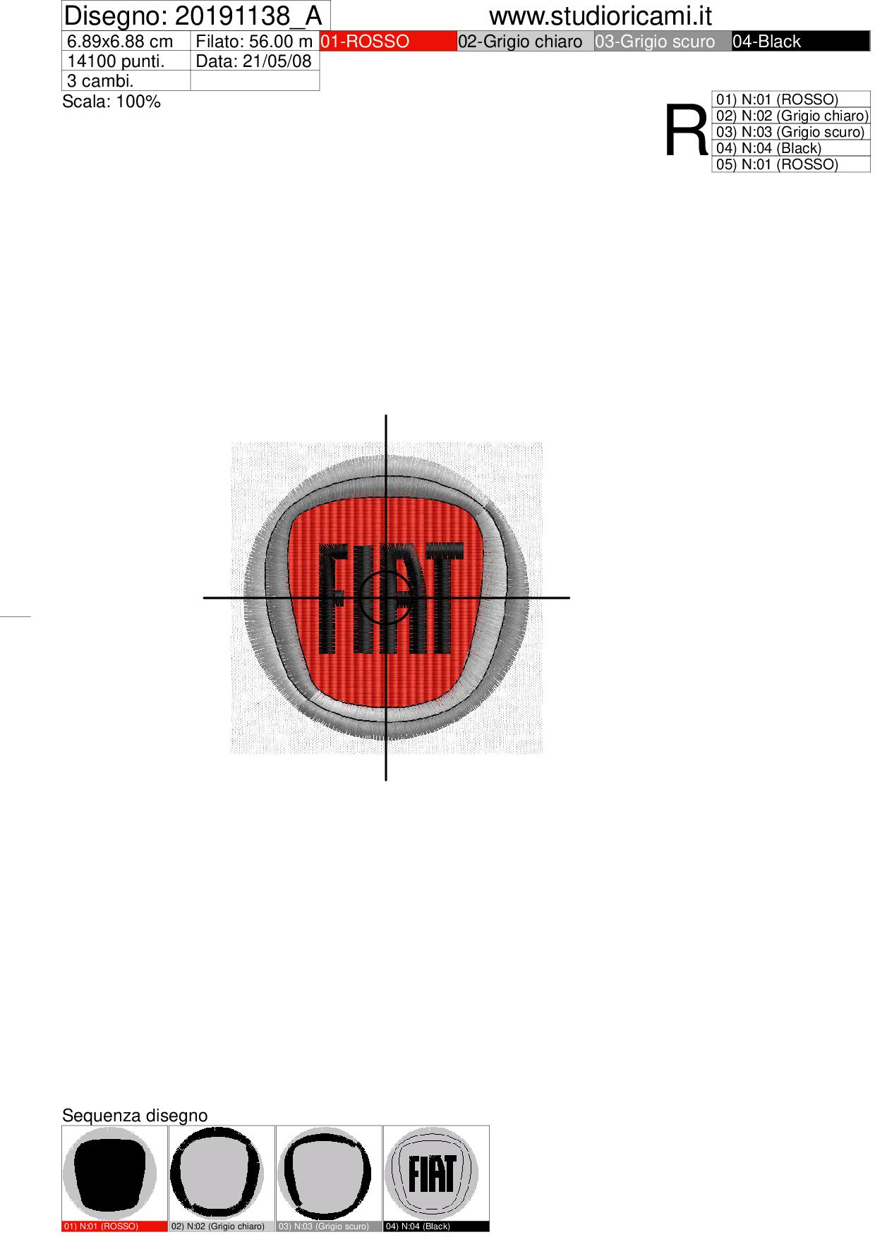 Foglio di lavorazione ricamo bollo fiat tridimensionale diam. cm.7