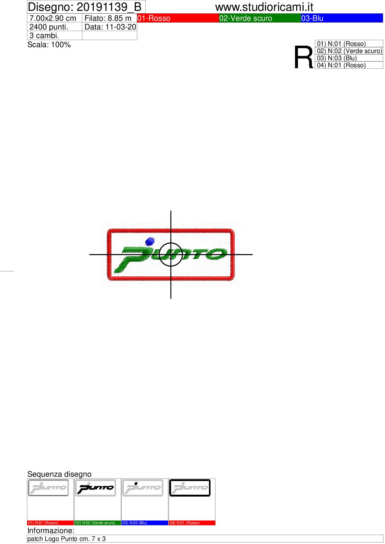 Sequenza di lavorazione Programma di ricamo Logo Punto cm. 7 x 3