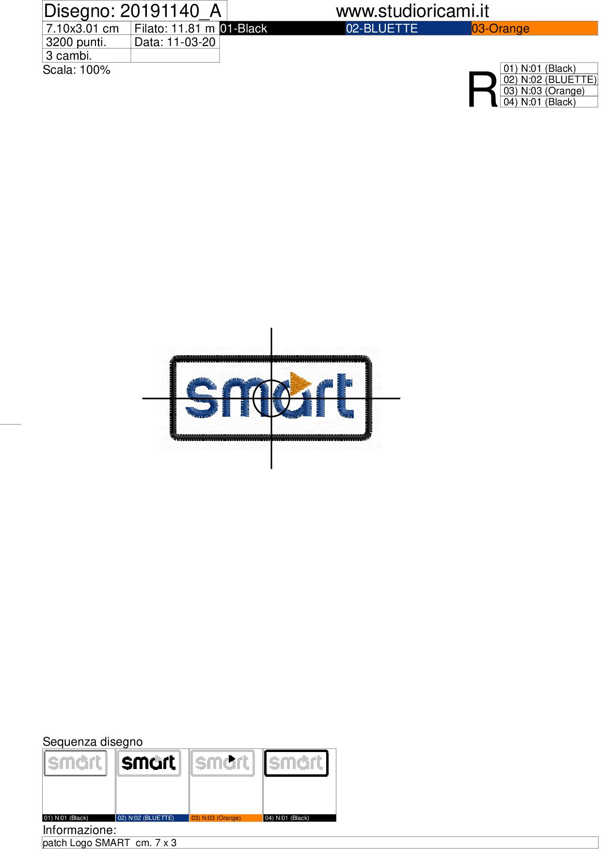 Foglio di lavorazione ricamo patch Logo SMART  cm. 7 x 3