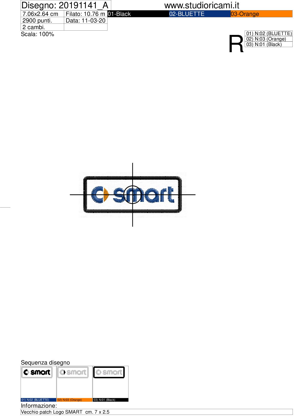 Foglio di lavorazione ricamo Vecchio patch Logo SMART  cm. 7 x 2.5