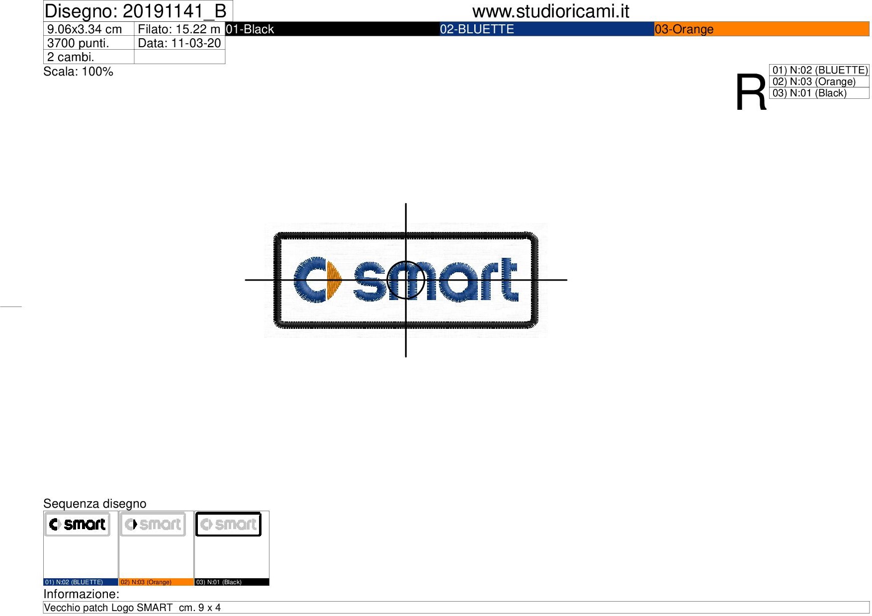 Foglio di lavorazione ricamo Vecchio patch Logo SMART  cm. 9 x 3.5