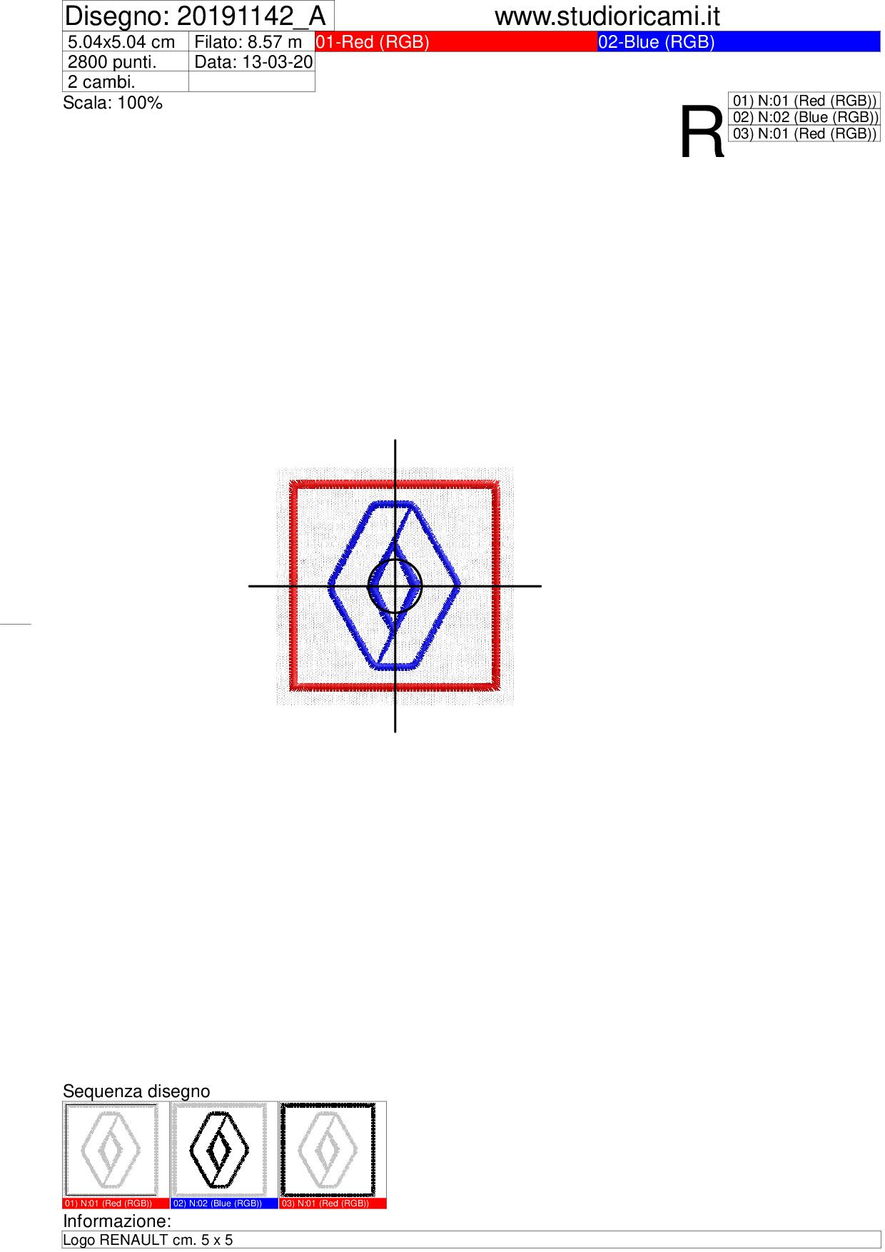 Foglio di lavorazione ricamo Logo RENAULT cm. 5 x 5
