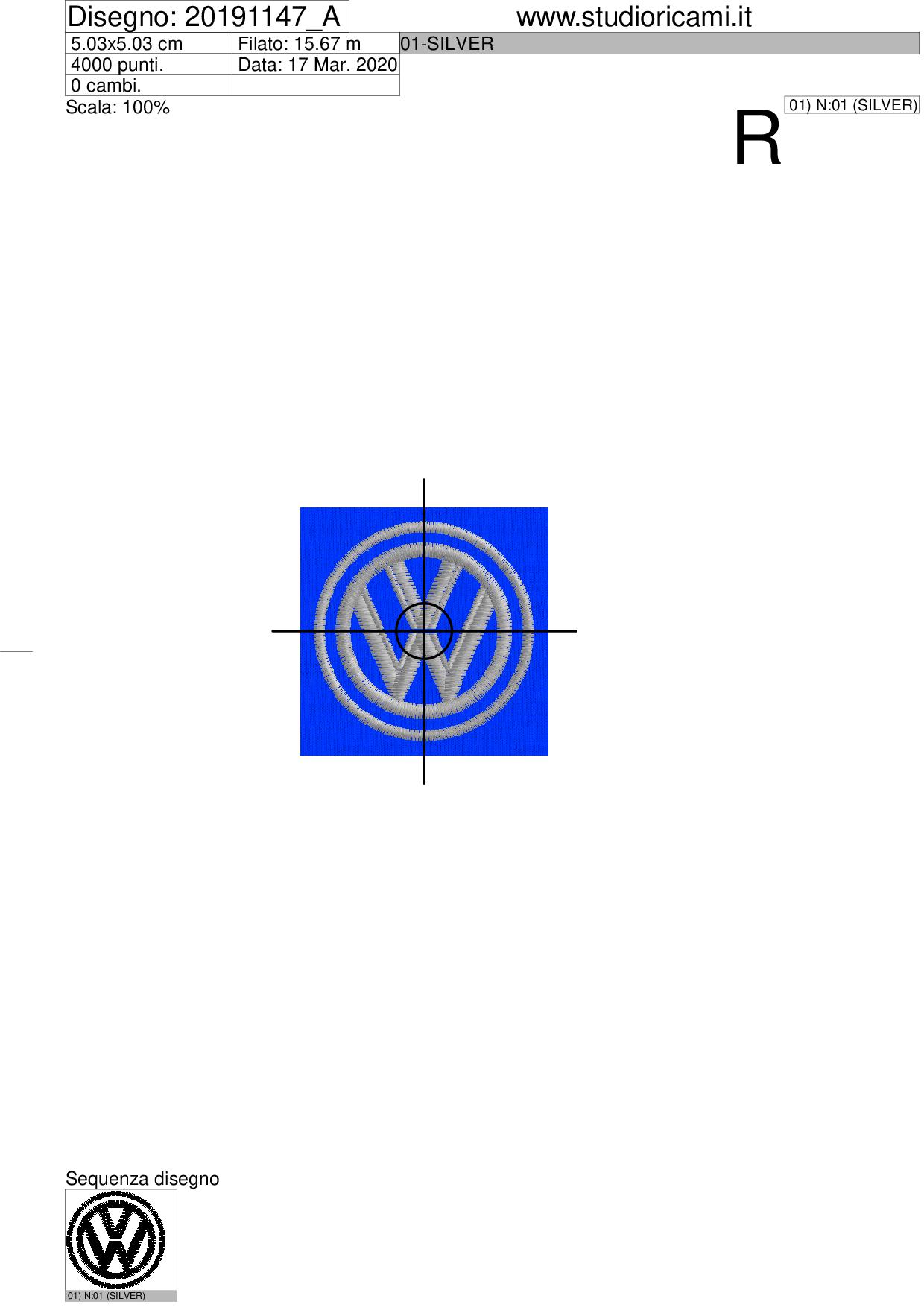 Foglio di lavorazione ricamo nuovo logo WOLKSWAGEN diam. 5 cm.