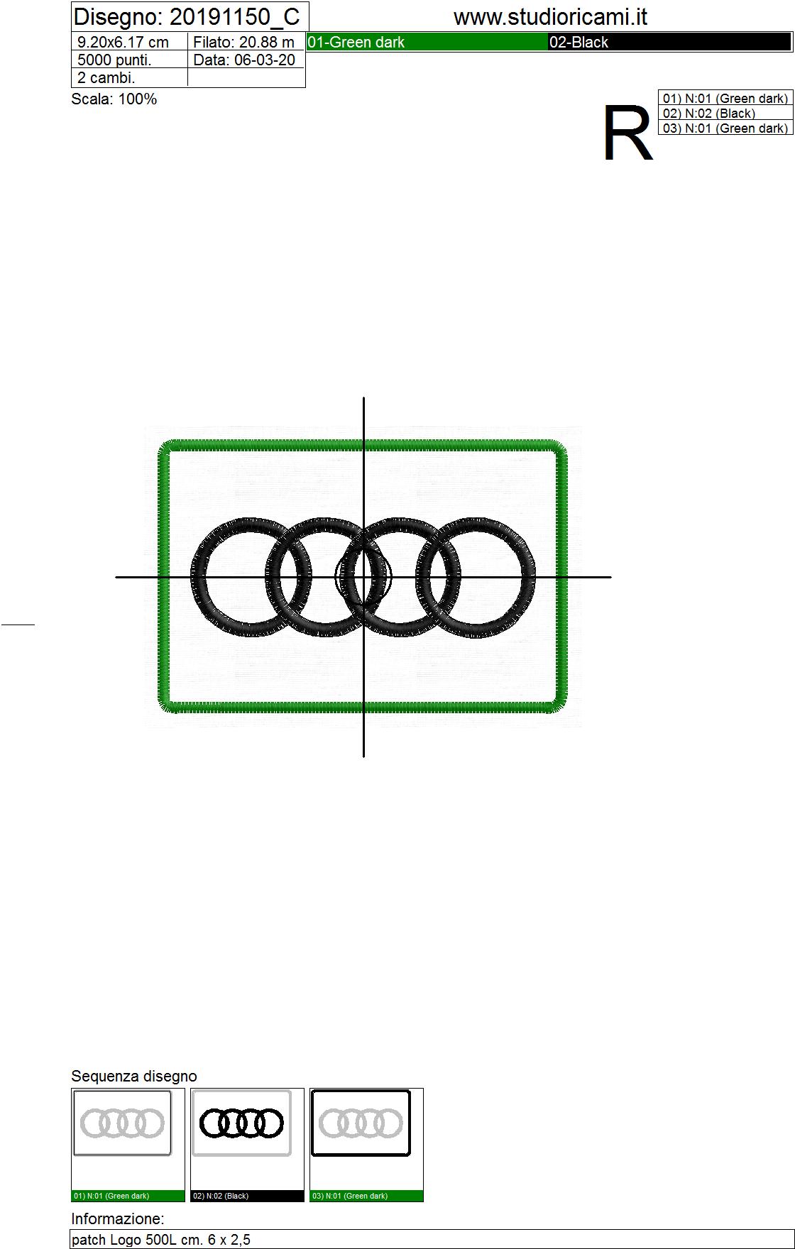 FOGLIO DI LAVORAZIONE ricamo 4 cerchi AUDI su base cm.9