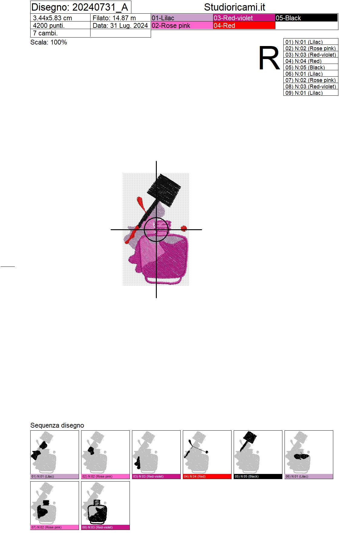 Sequenza di lavorazione ricamo boccetta di smalto cm. 6 x 3,5