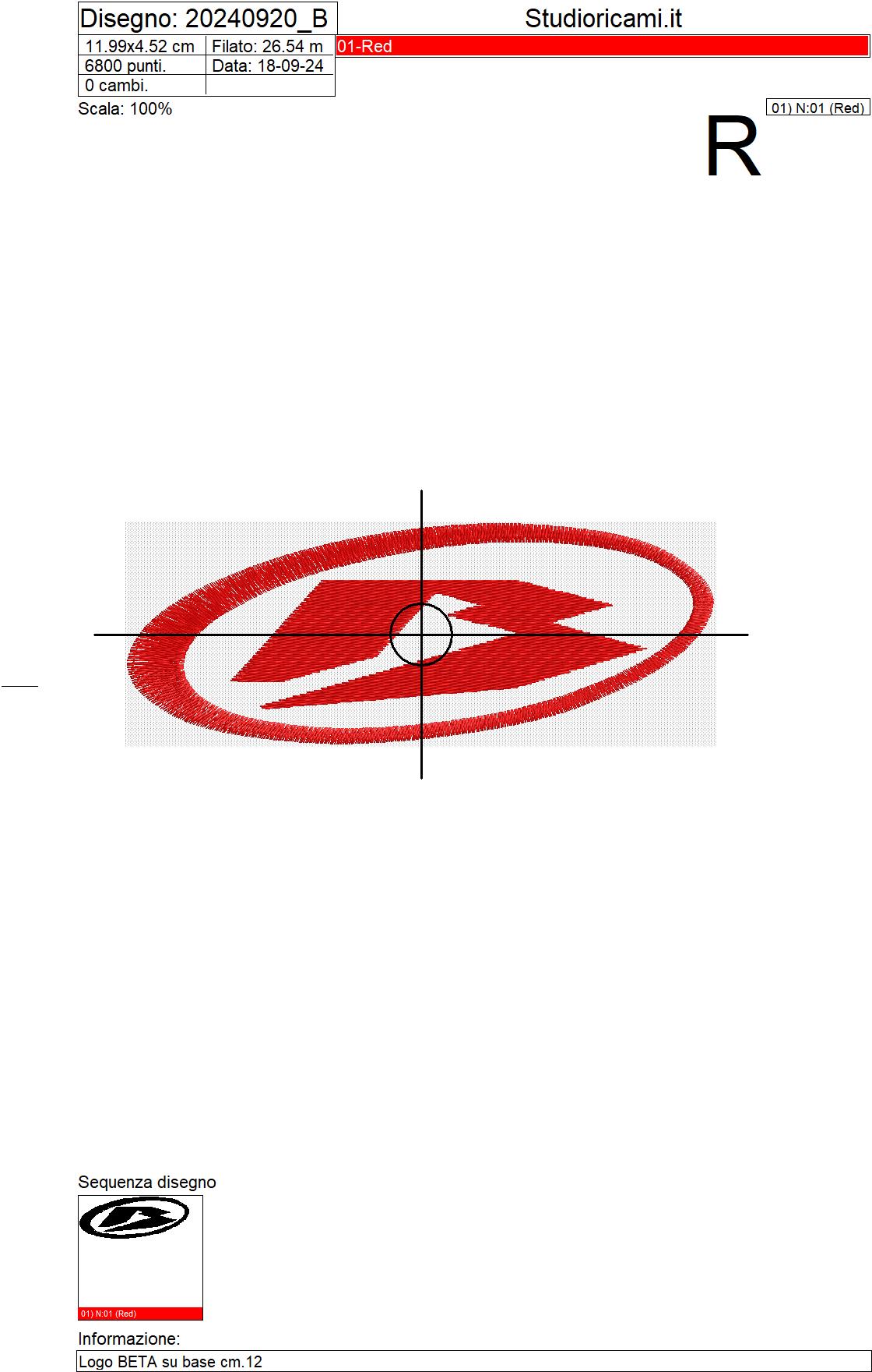 Foglio di lavorazione ricamo logo BETA su base cm.12
