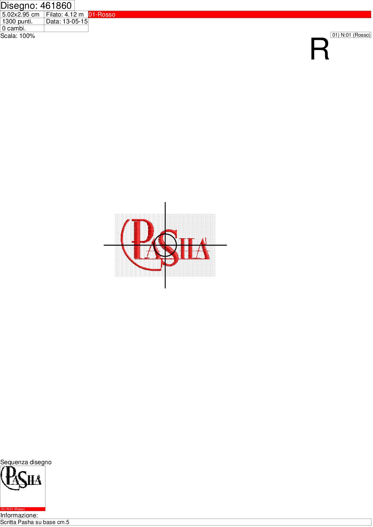 Foglio di lavorazione ricamo Scritta Pasha su base cm.5