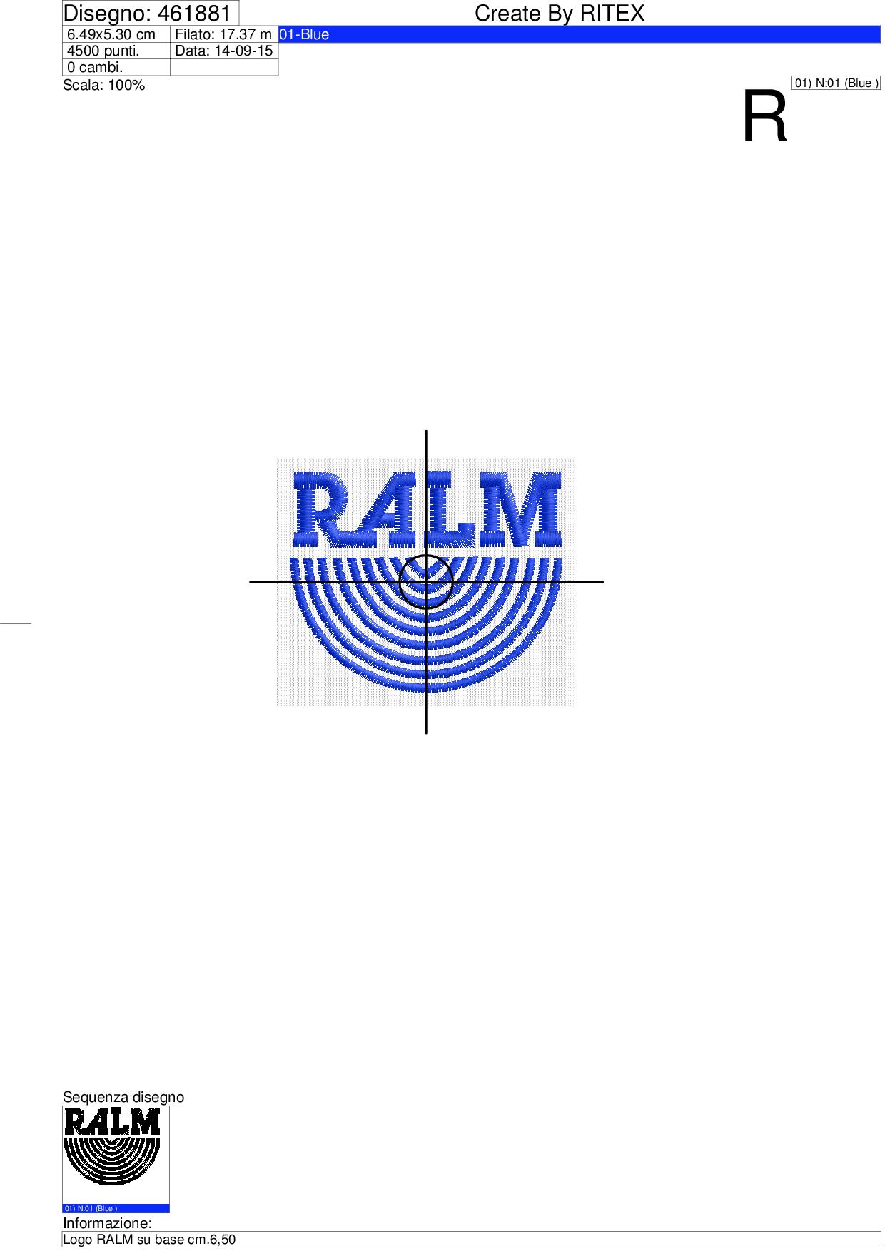 Foglio di lavorazione ricamo Logo RALM su base cm.6,50