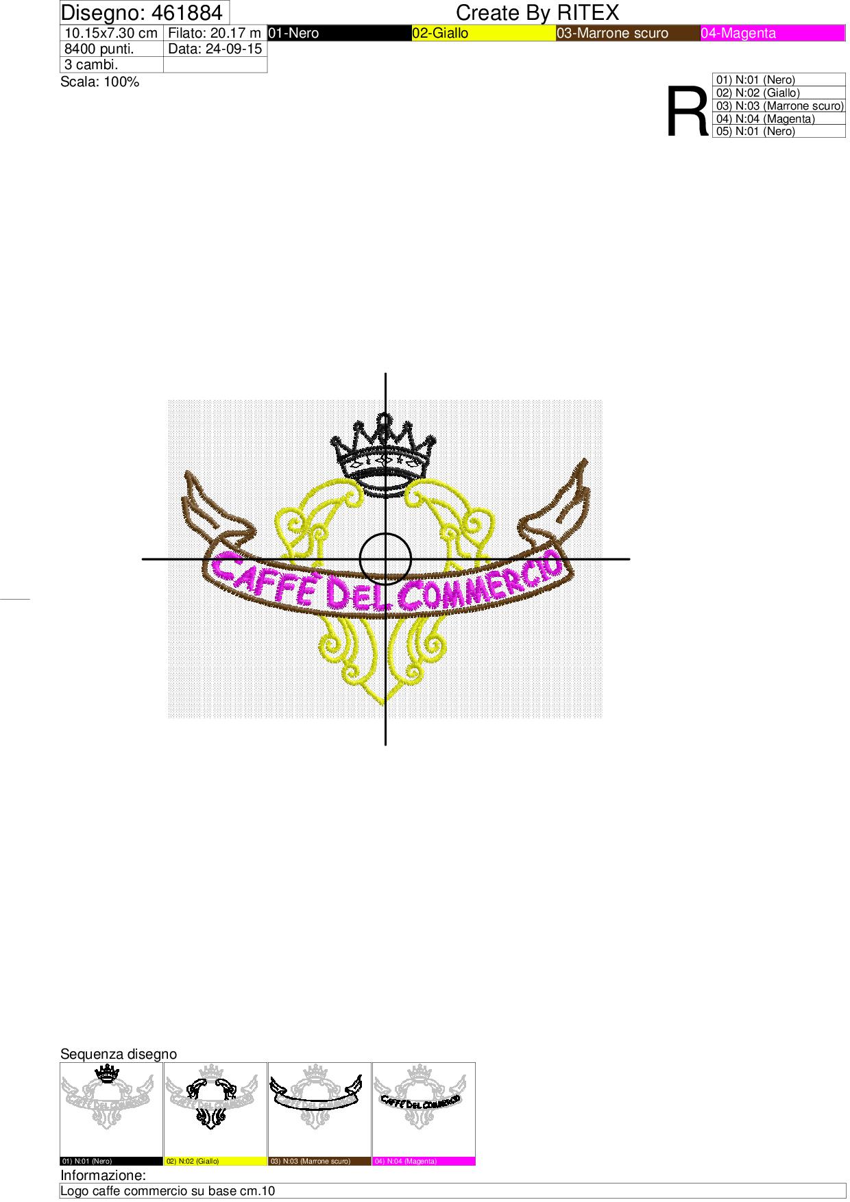 Foglio di lavorazione ricamo Logo caffe commercio su base cm.10