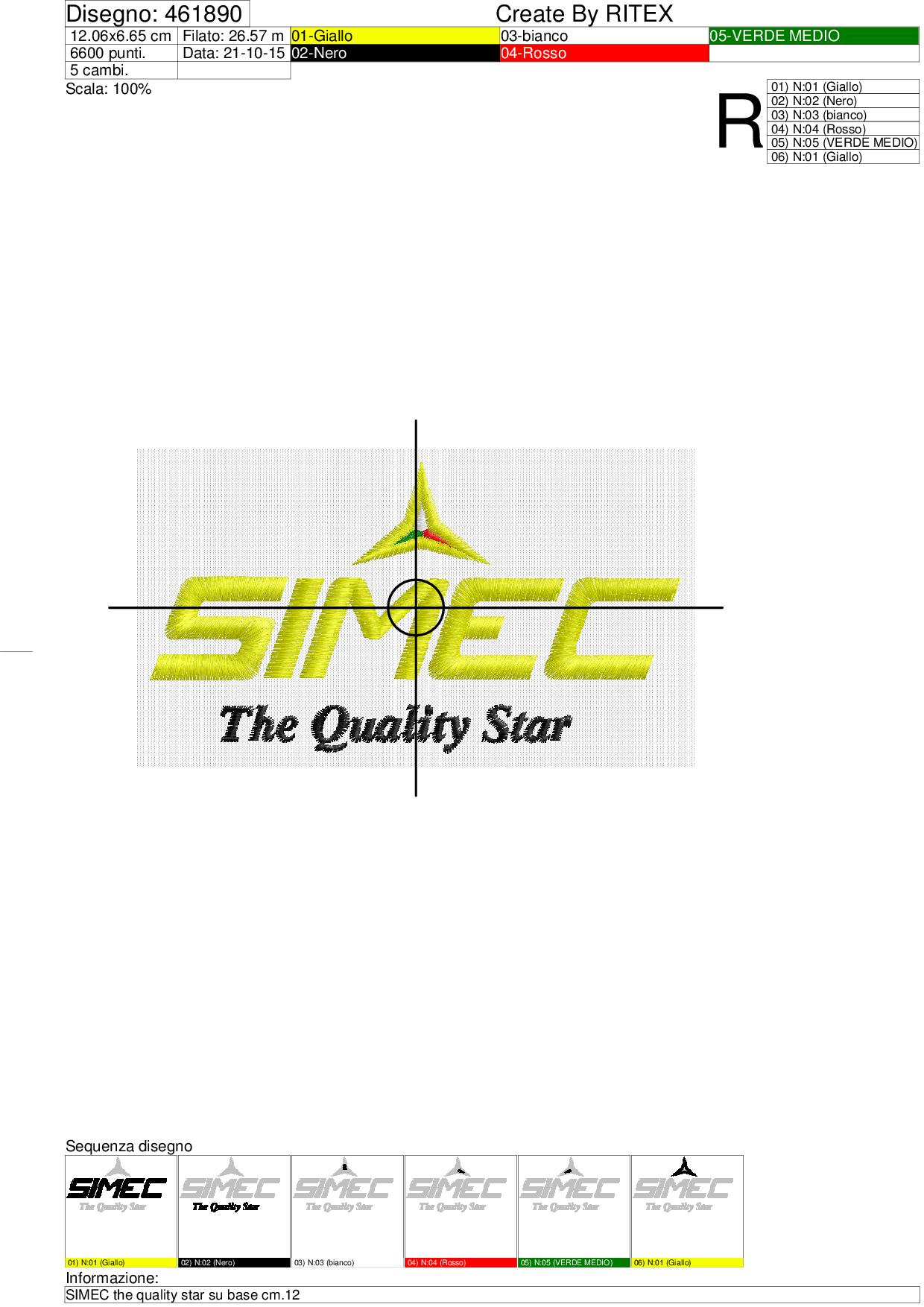 Foglio di lavorazione  ricamo SIMEC the quality star su base cm.12