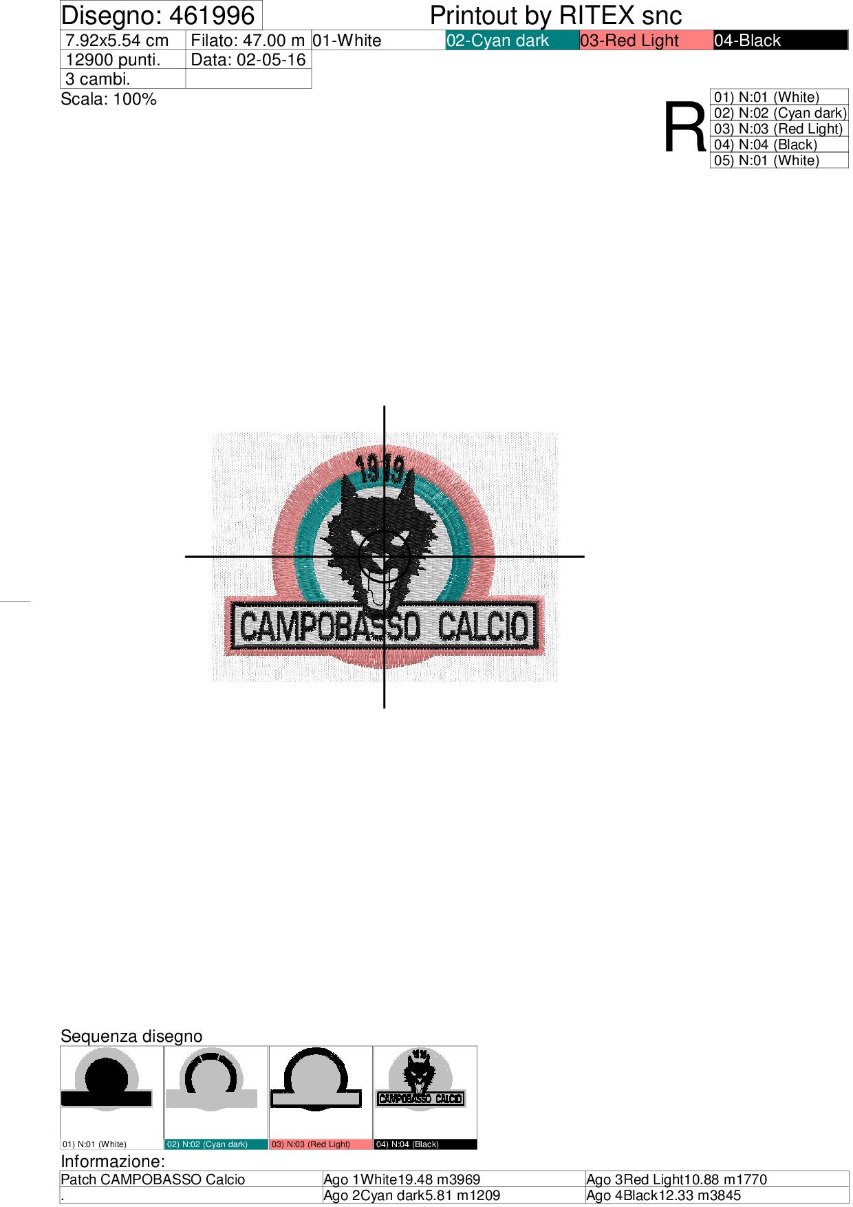 Foglio lavorazione patch ricamato CAMPOBASSO Calcio su base cm.9