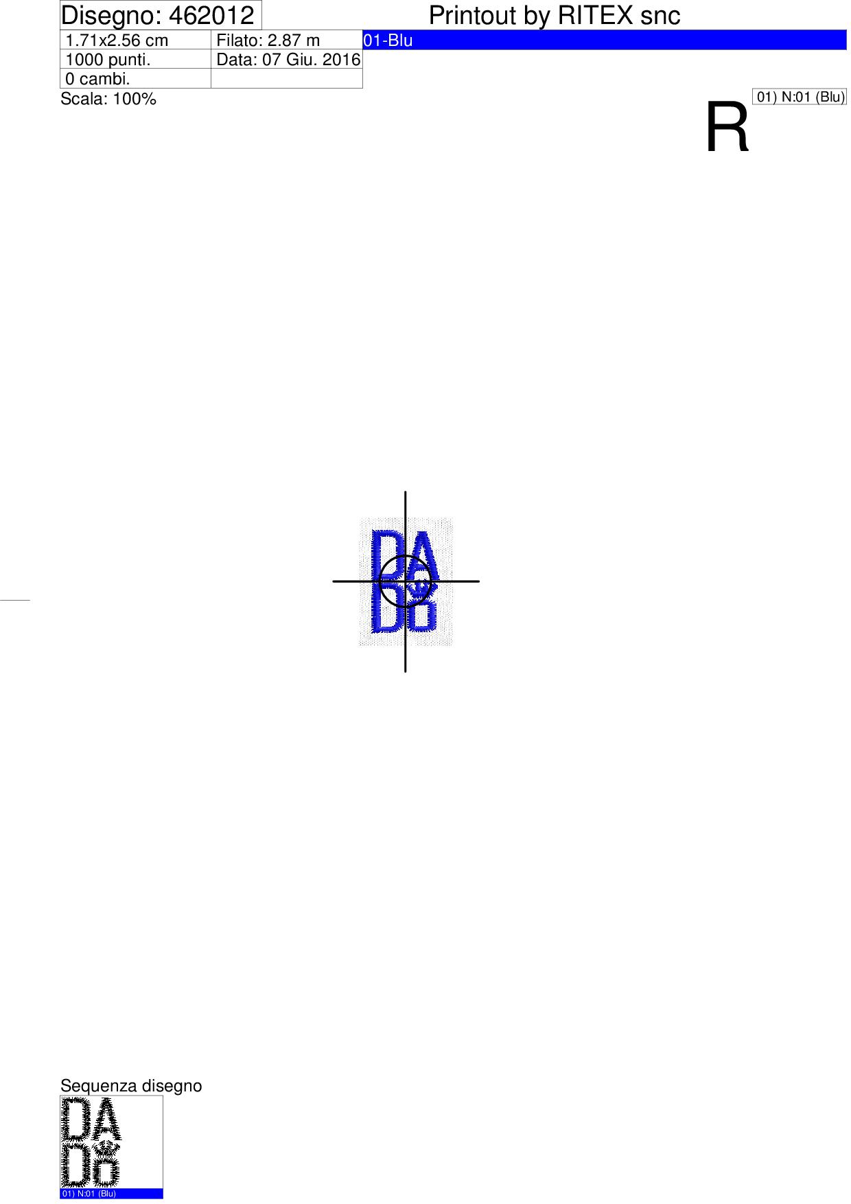 Foglio di lavorazione ricamo logo DADO su altezza mm.25