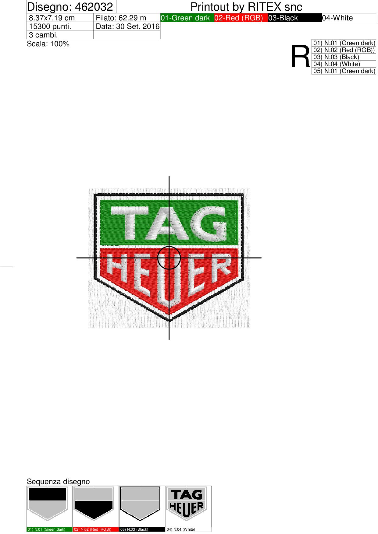 Foglio di lavorazione ricamo logo TAG HEUR a scudetto cm. 8 x 7 