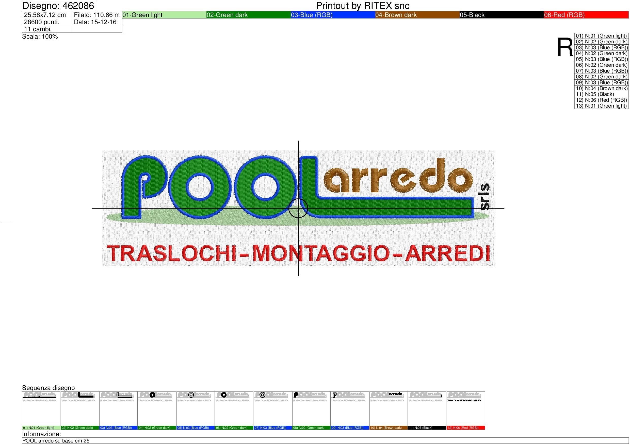 Foglio lavorazione in A3 ricamo POOL arredo traslochi su base cm.25