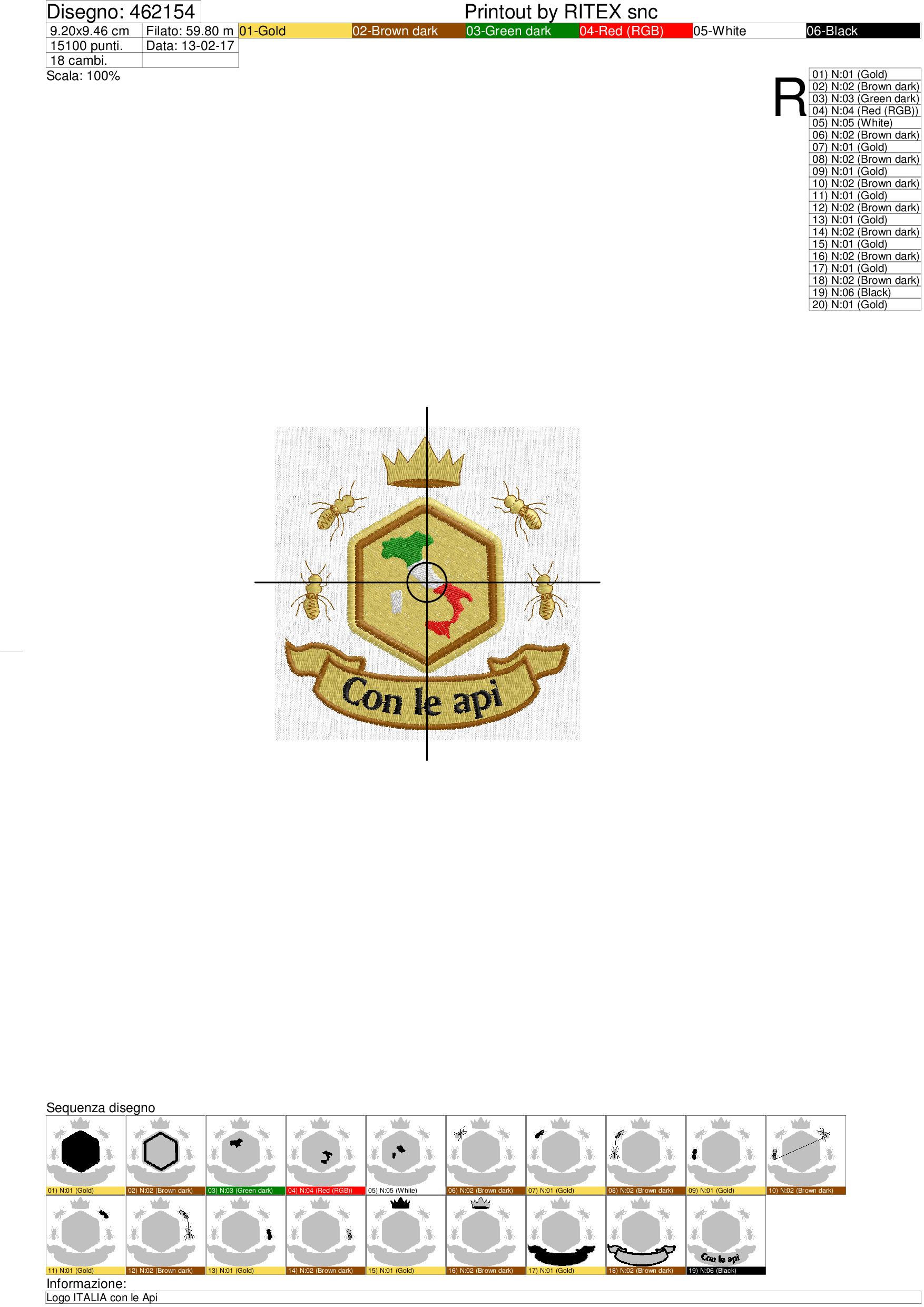Sequenza lavorazione ricamo Logo ITALIA con le Api cm.9_