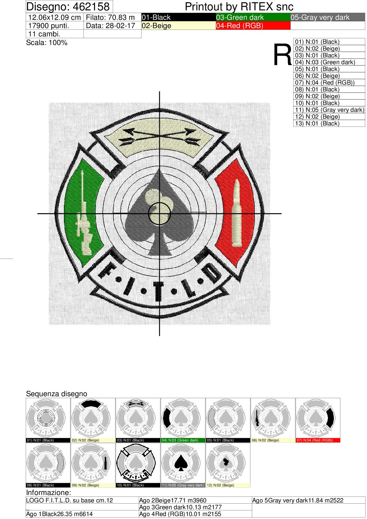 Sequenza lavorazionei ricamo LOGO F.I.T.L.D. su base cm.12