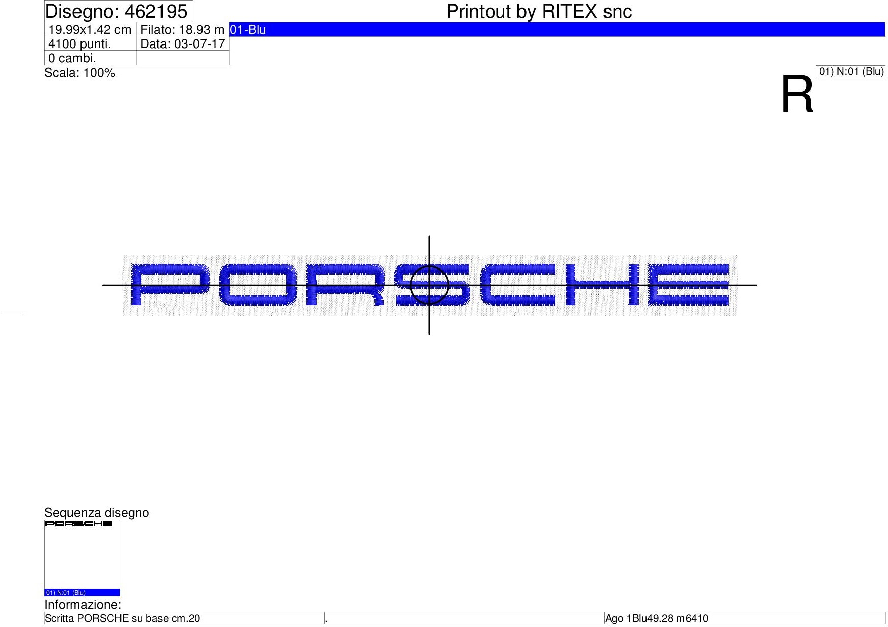 Sequenza lavorazione ricamo scritta PORSCHE su base cm.20