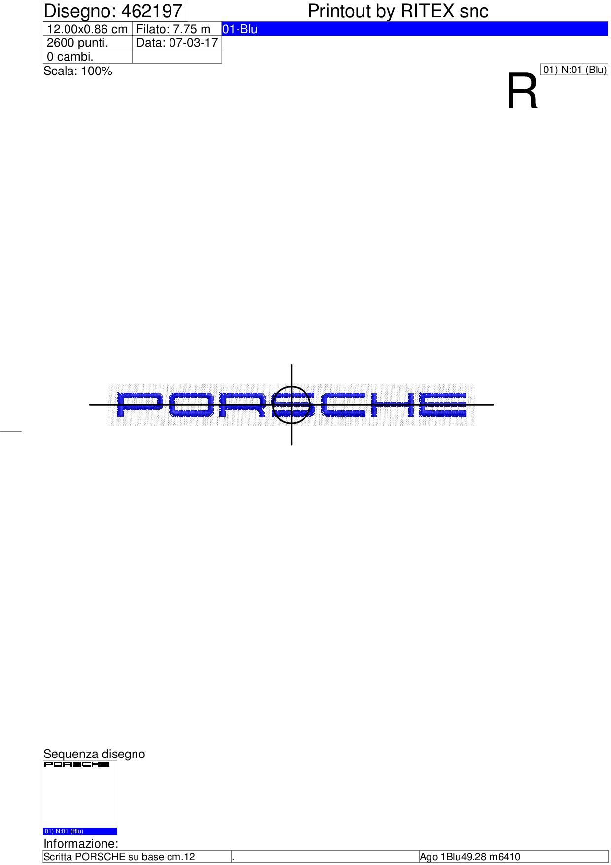 Sequenza lavorazione ricamo scritta PORSCHE su base cm.12