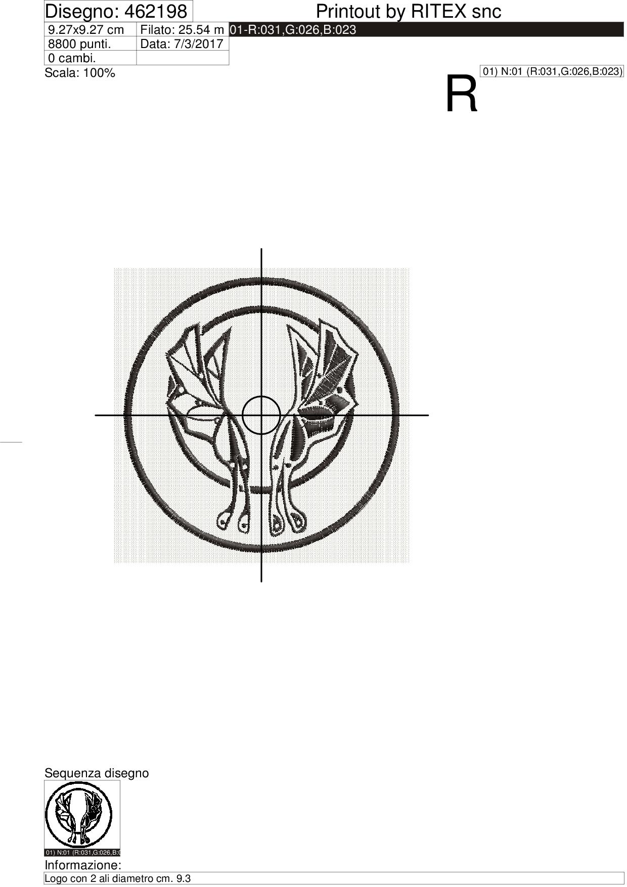 Foglio di lavorazione programma ricamo Logo tondo con 2 ali diam. 9,2 cm.