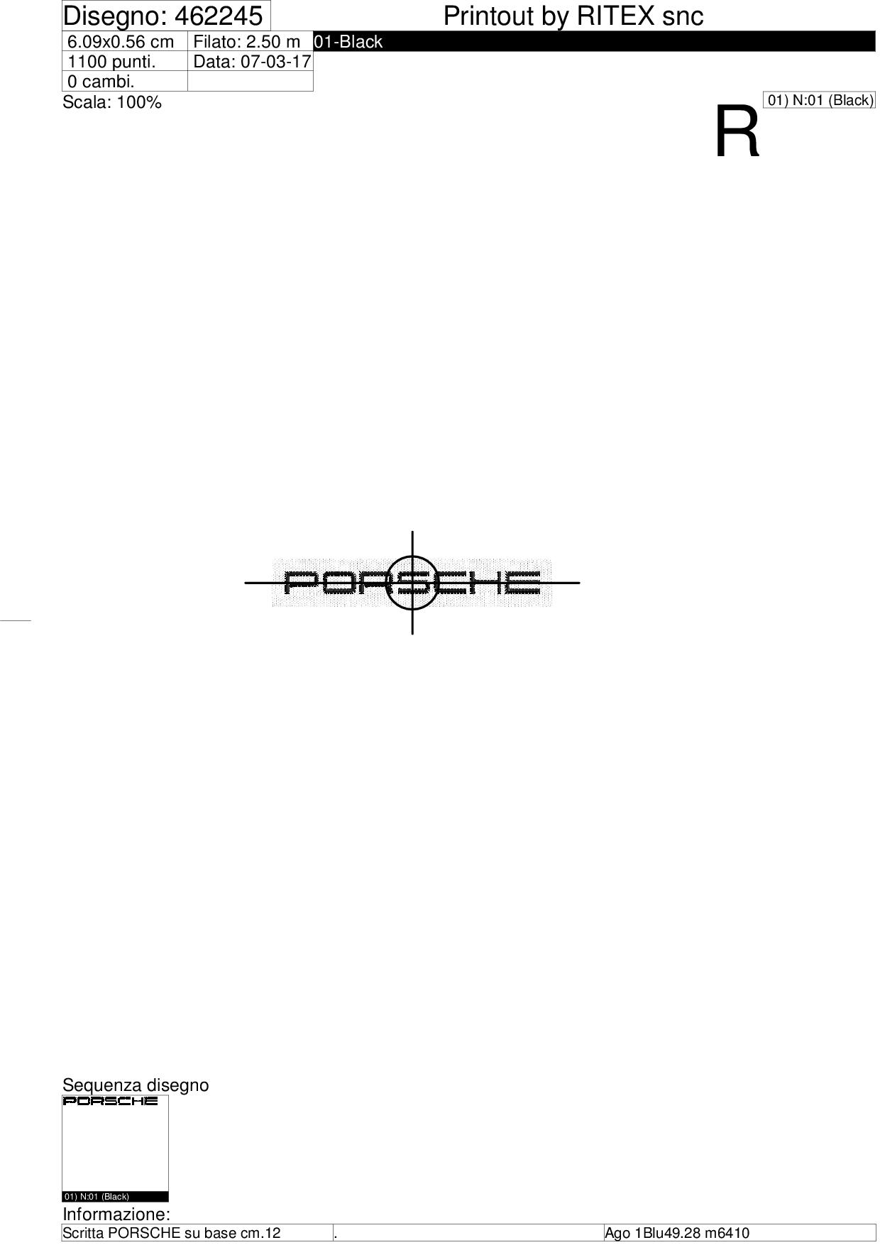 Sequenza lavorazione ricamo scritta PORSCHE su base cm.6