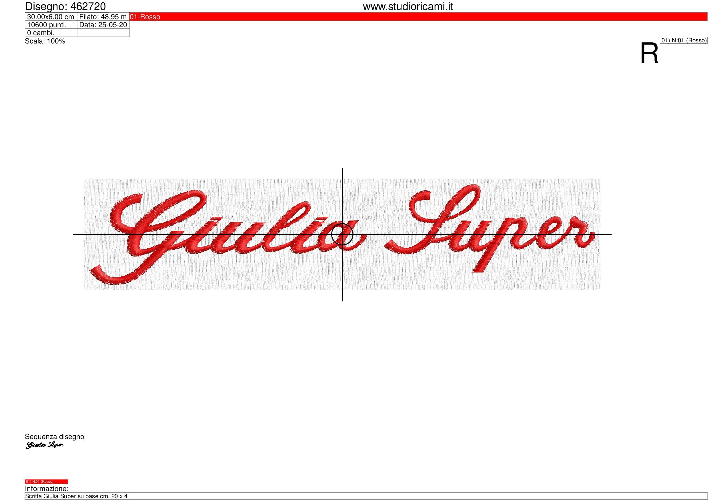 Foglio di lavorazione A3 ricamo Scritta Giulia Super su base cm. 30 x 6