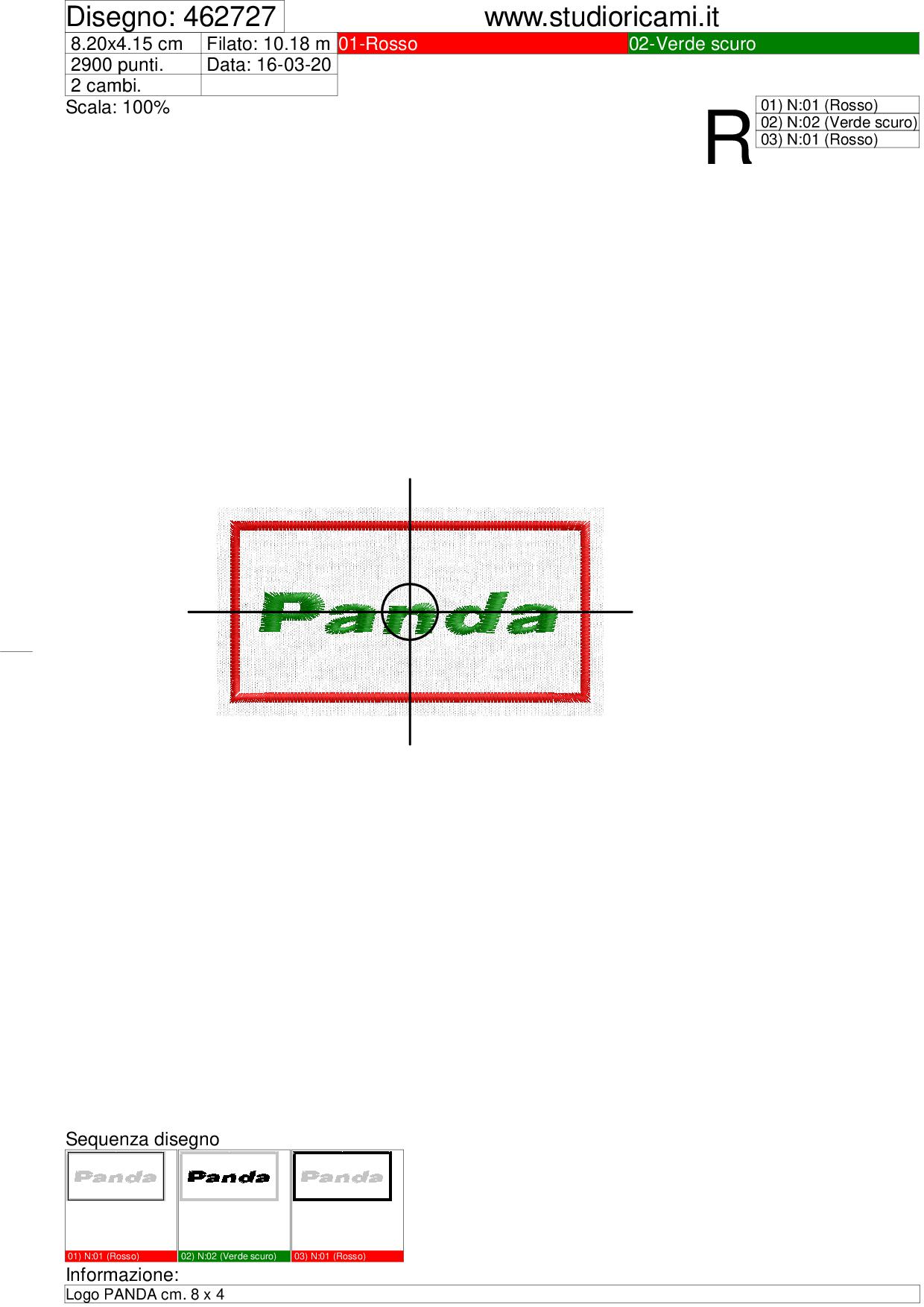 Sequenza di lavorazione Programma di ricamo Logo (PANDA) cm. 8 x 4