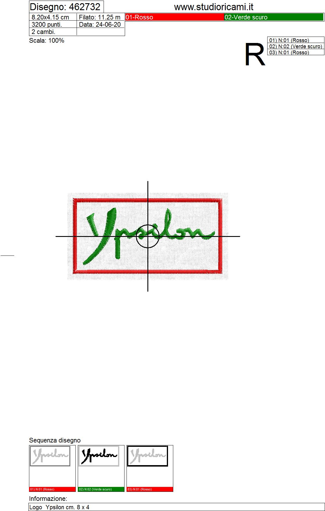 Foglio di lavorazione Programma di ricamo Logo  Ypsilon cm. 8 x 4