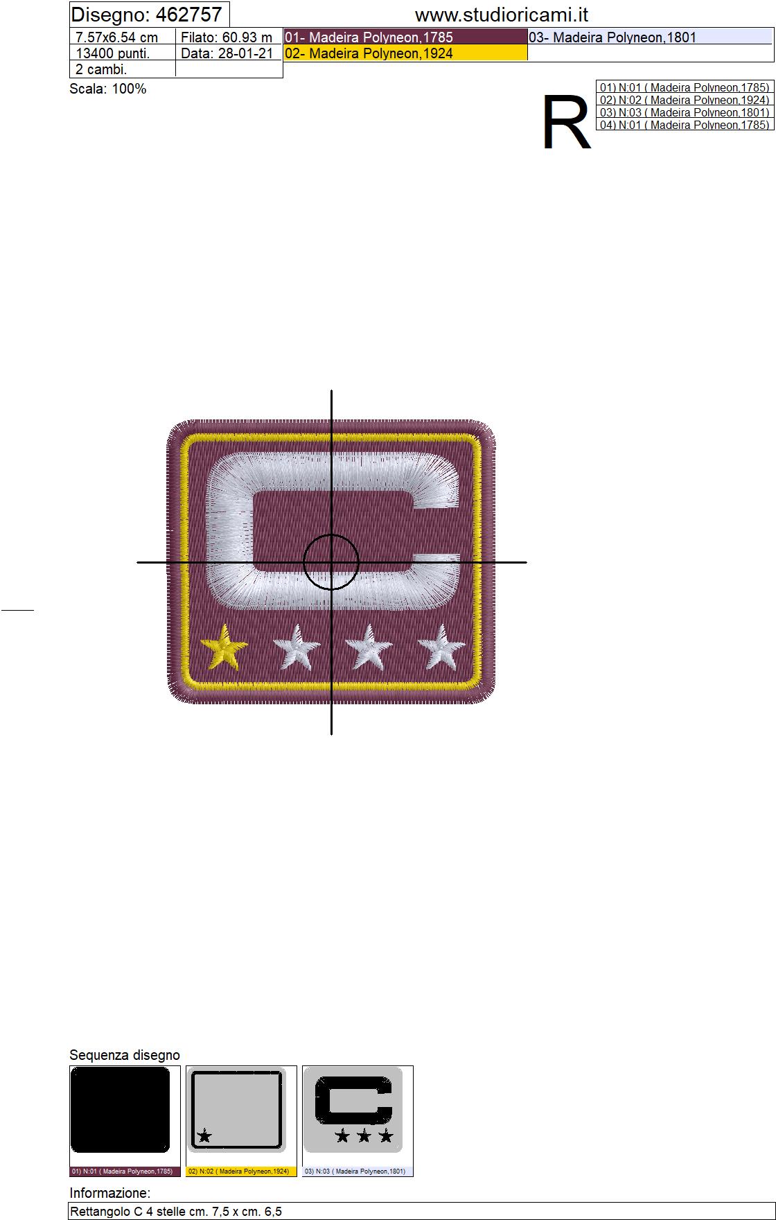 Foglio di lavorazione ricamo Rettangolo C 4 stelle cm. 7,5 x cm. 6,5