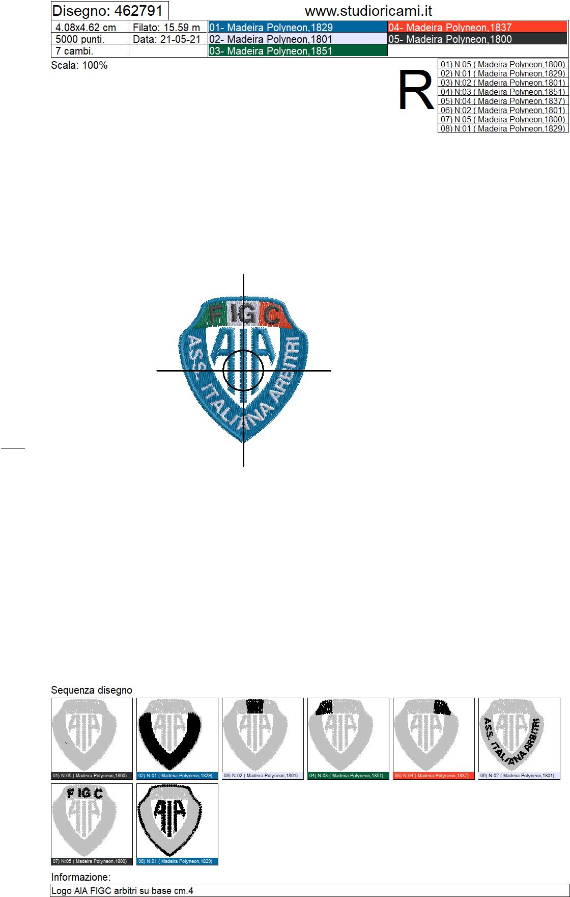 Sequenza di lavorazione ricamo Logo AIA FIGC arbitri su base cm.4
