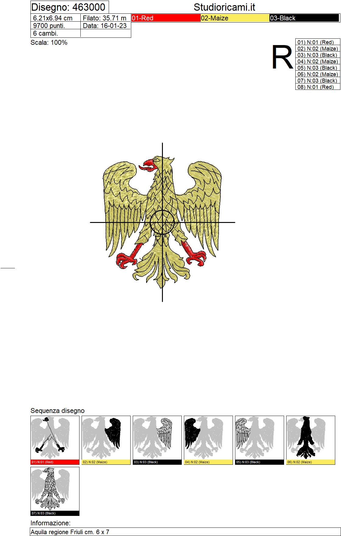 Foglio lavorazione ricamo Aquila friuli cm. 7 x 6