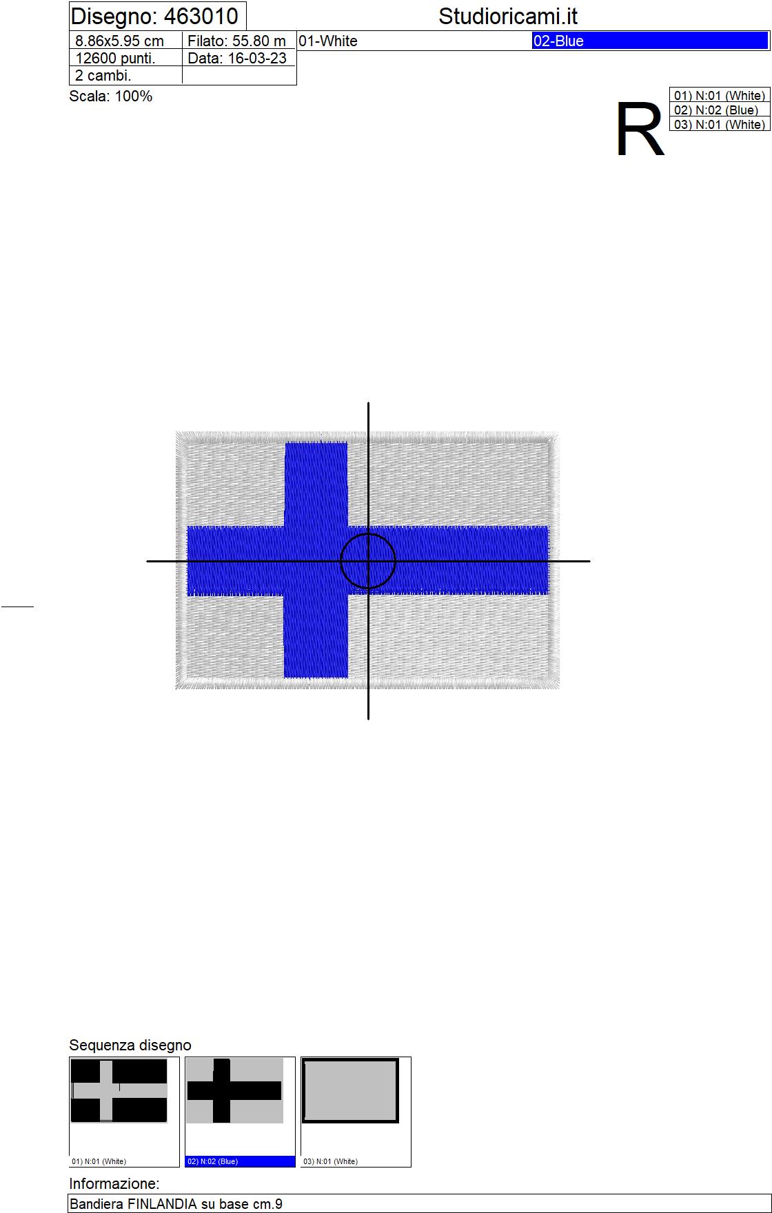 Foglio informazioni ricamo Bandiera FINLANDIA su base cm.9