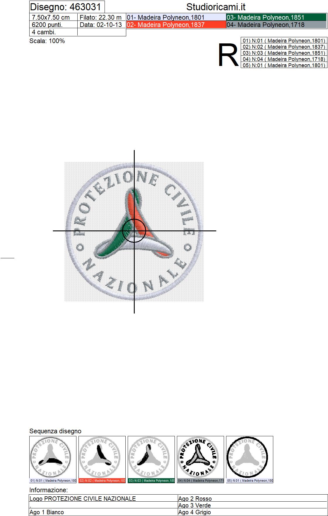 Foglio di lavorazione ricamo PROTEZIONE CIVILE NAZIONALE diam. 75 mm.