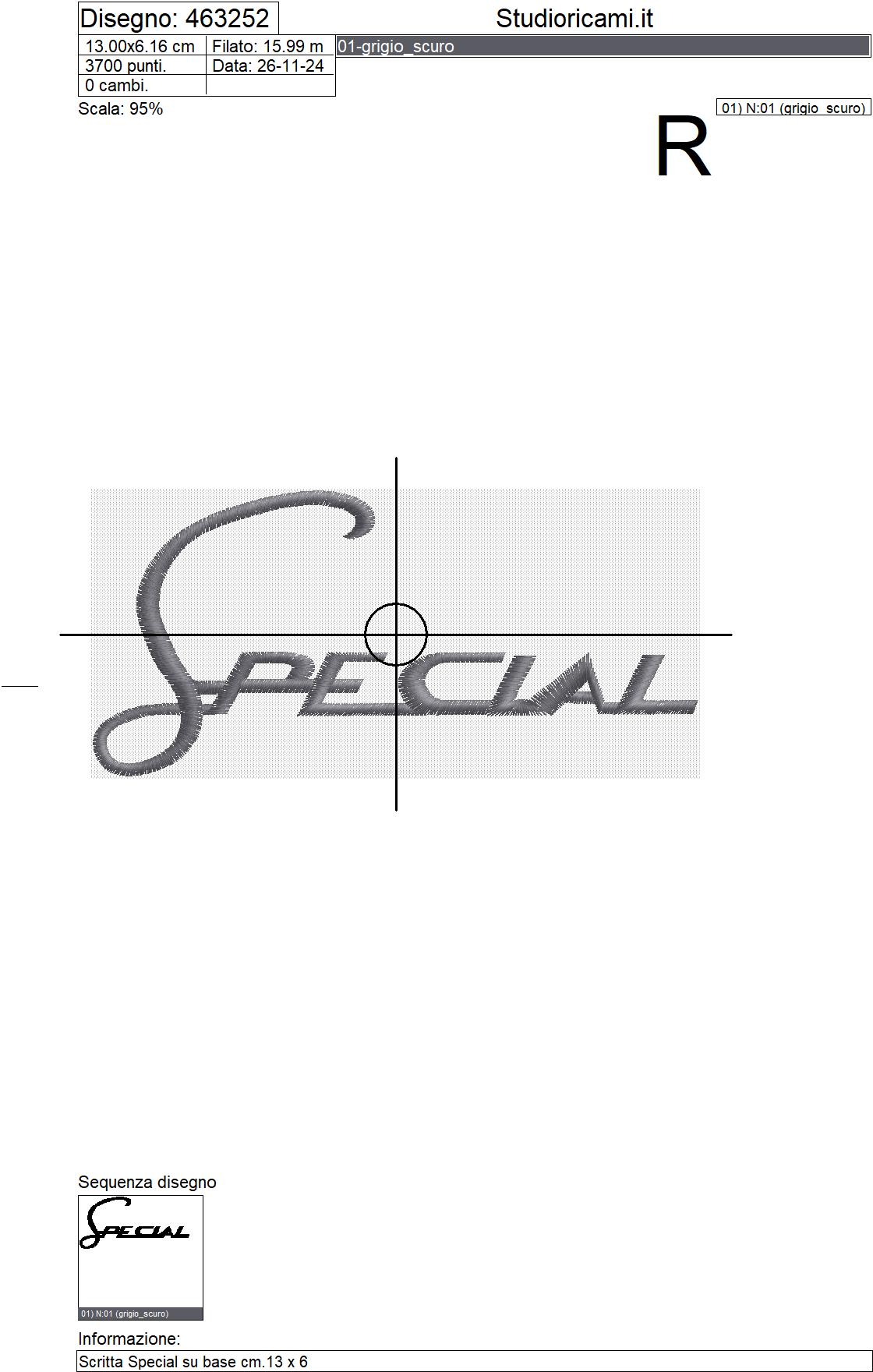 Foglio di lavorazione ricamo Scritta Special su base cm.13 x 6