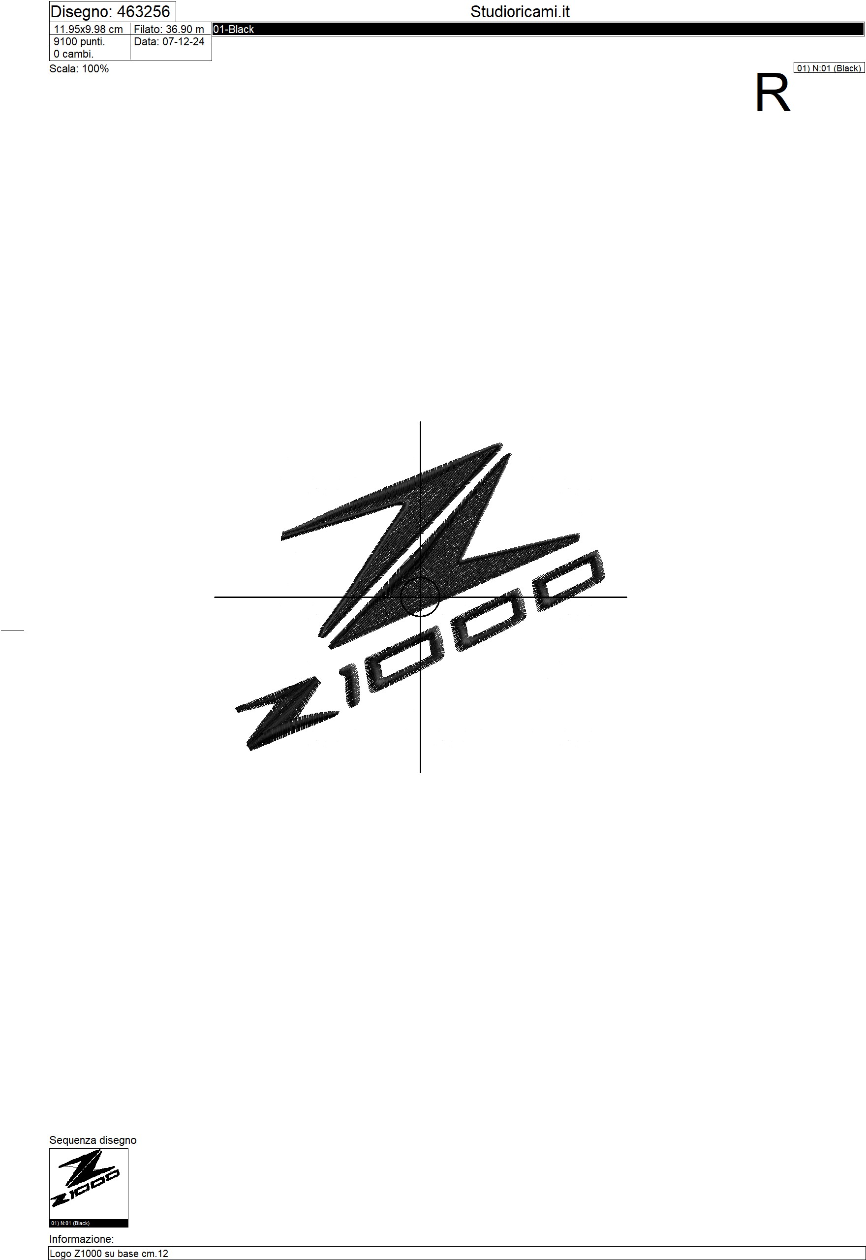 Sequenza di lavorazione ricamo Logo Z1000 su base cm.12