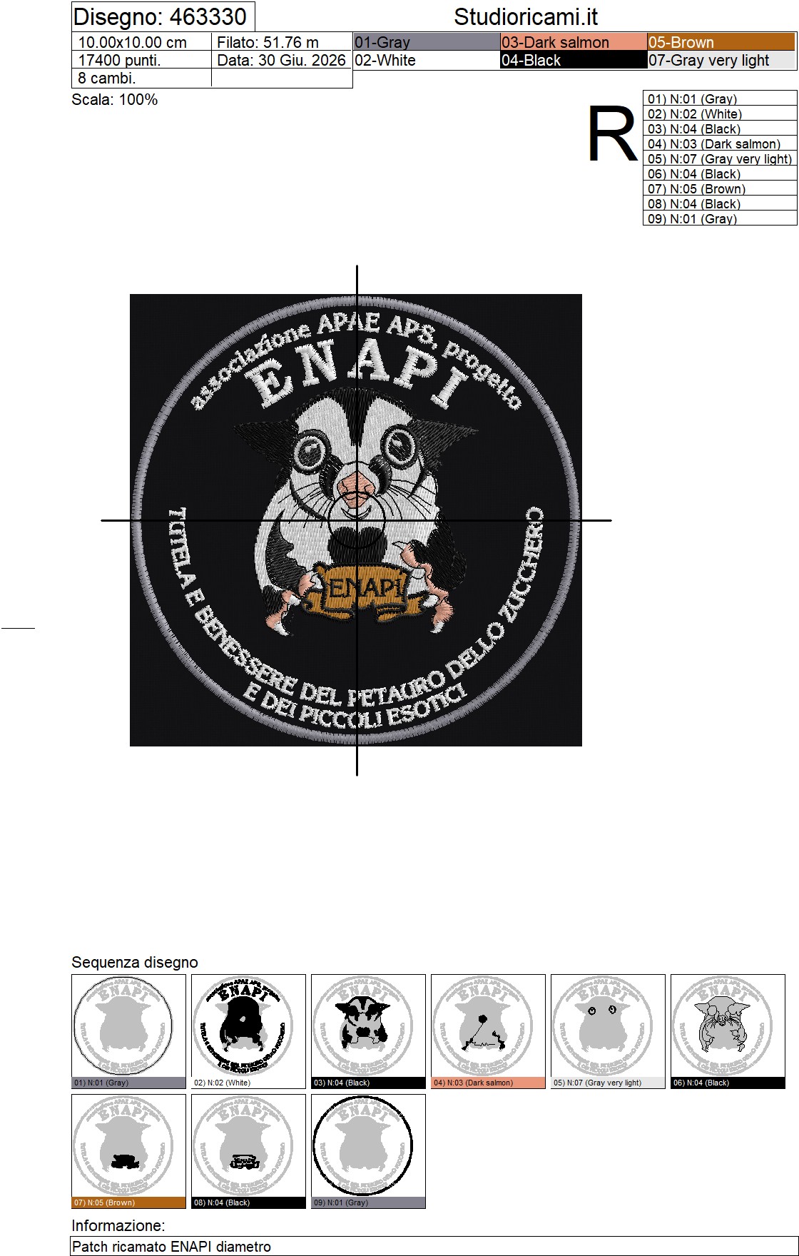 Foglio lavorazione ricamo Patch ricamato ENAPI diametro cm.10