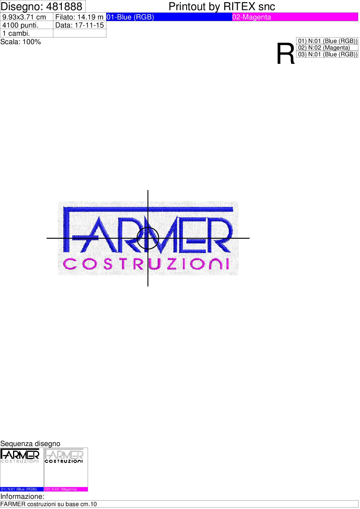 Foglio lavorazione ricamo FARMER costruzioni su base cm.10