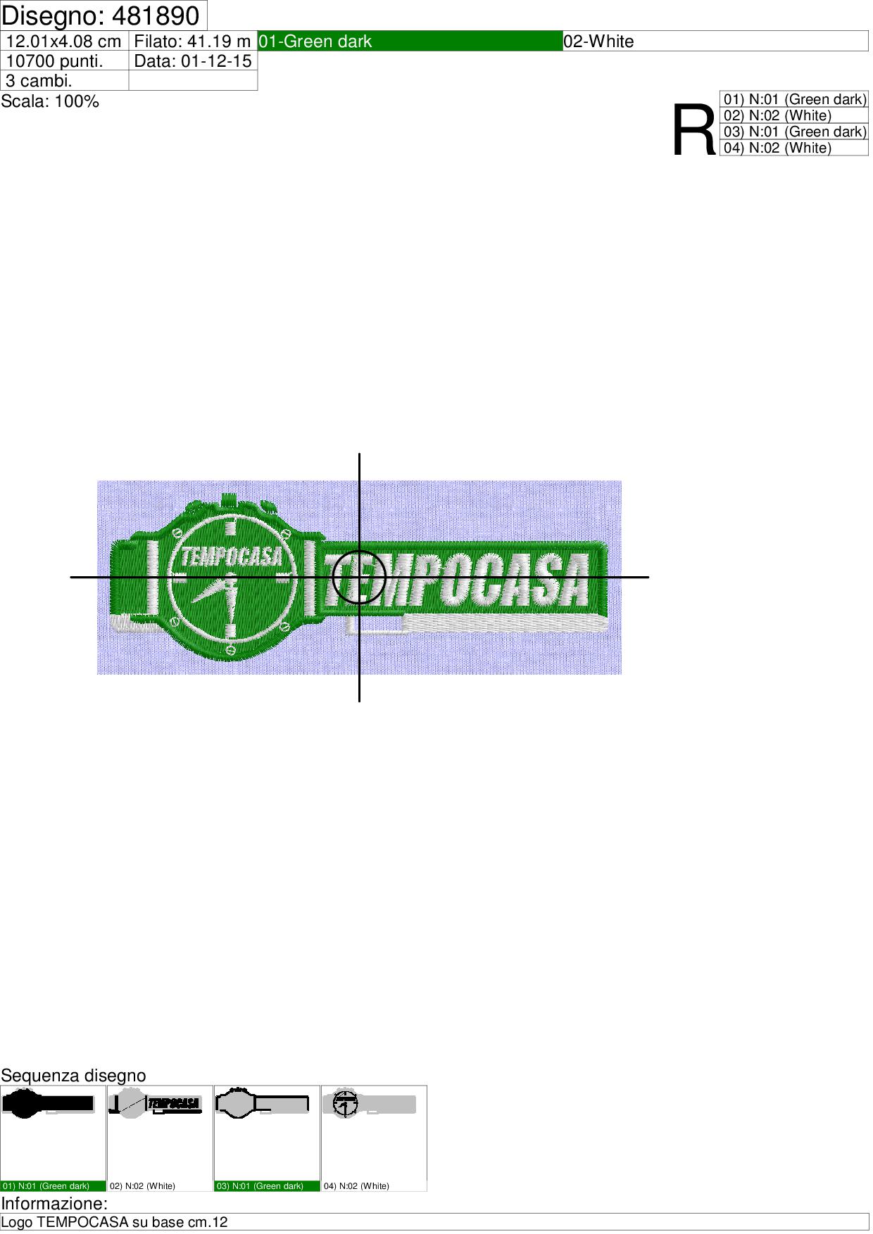 Foglio di lavorazione ricamo Logo TEMPOCASA su base cm.12